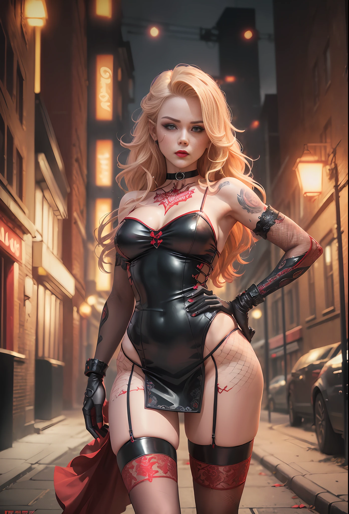 (
    (Character: one woman, nordic:1.4,  princess hair,blonde hair, tattos, malicious expression, red ???? lips,,long legs, lean body:1.2, )
    (Clothing: fine red dress:1.3,fishnet stockings,(openwork gloves), (choker), high heels)
    (Pose: full body shot:1.5)
    (Background:dark alley, intense urban lights in background, foggy, night, red color scheme)
    (Style: ((Best quality)), ((masterpiece)), (face detailed:1.4),photo-realistic:1.3,hyperrealistic)
)