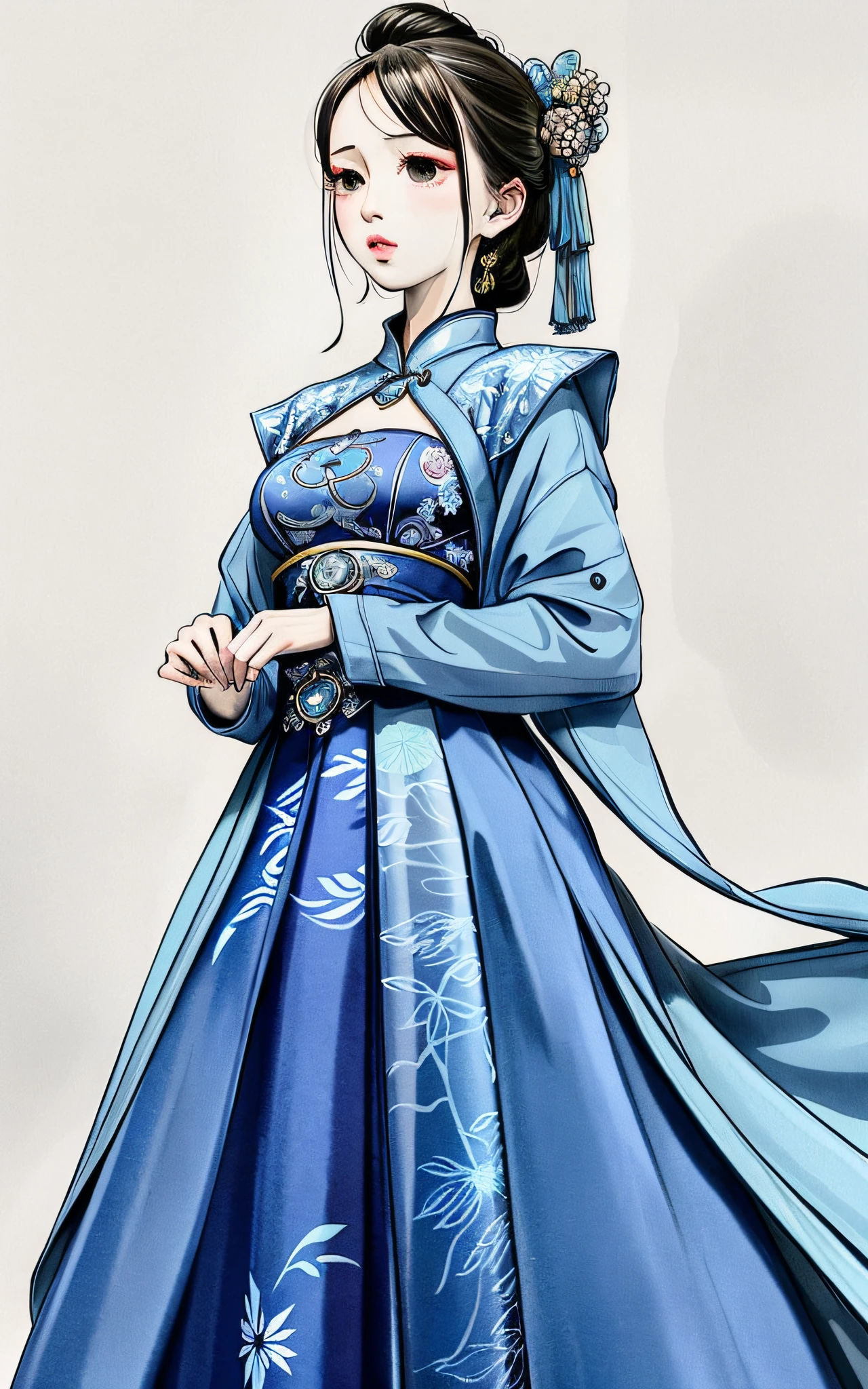 a close up of a woman in a blue dress with a bird pattern on it, in a blue qipao, cheongsam, wearing a blue qipao dress, chinese dress, inspired by Dai Xi, inspired by Guo Xi, long dress female, long blue dress, inspired by Leng Mei, inspired by Gao Qipei, inspired by Gao Xiang