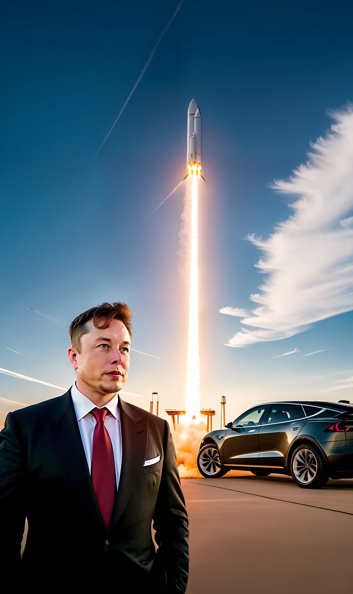 Photo of Elon Musk, detailed face with movie shadow on face wearing Giorgio Armani suit, sunset, tesla Cybertruck background and a space shuttle taking off in space x, 4k, extremely detailed