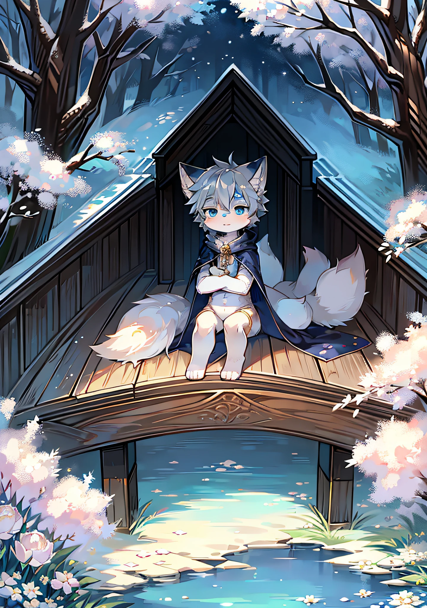 "(Furry: 1.2), fluffy tail, small male fox, bright blue eyes, gray hair with a cape, spring field, a small wooden bridge by the quiet river, a large tree with white flowers, cute appearance."