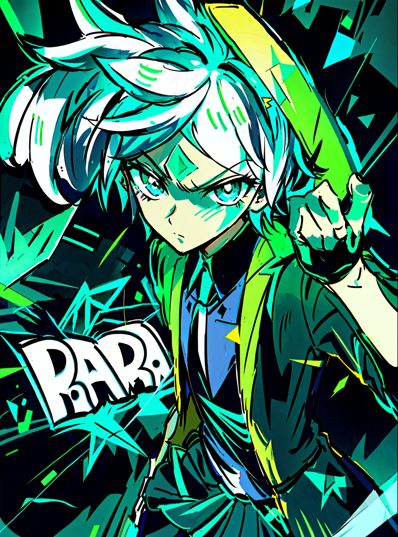 a close up of a cartoon character with a green background, rad, digital art from danganronpa, weirdcore voidpunk fursona, green colored skin!!, faded!, raal, badass pose, parietal art style, with splatoon style, cell shaded!!!, rads, danny phantom, “uwu the prismatic person, “diamonds, raver