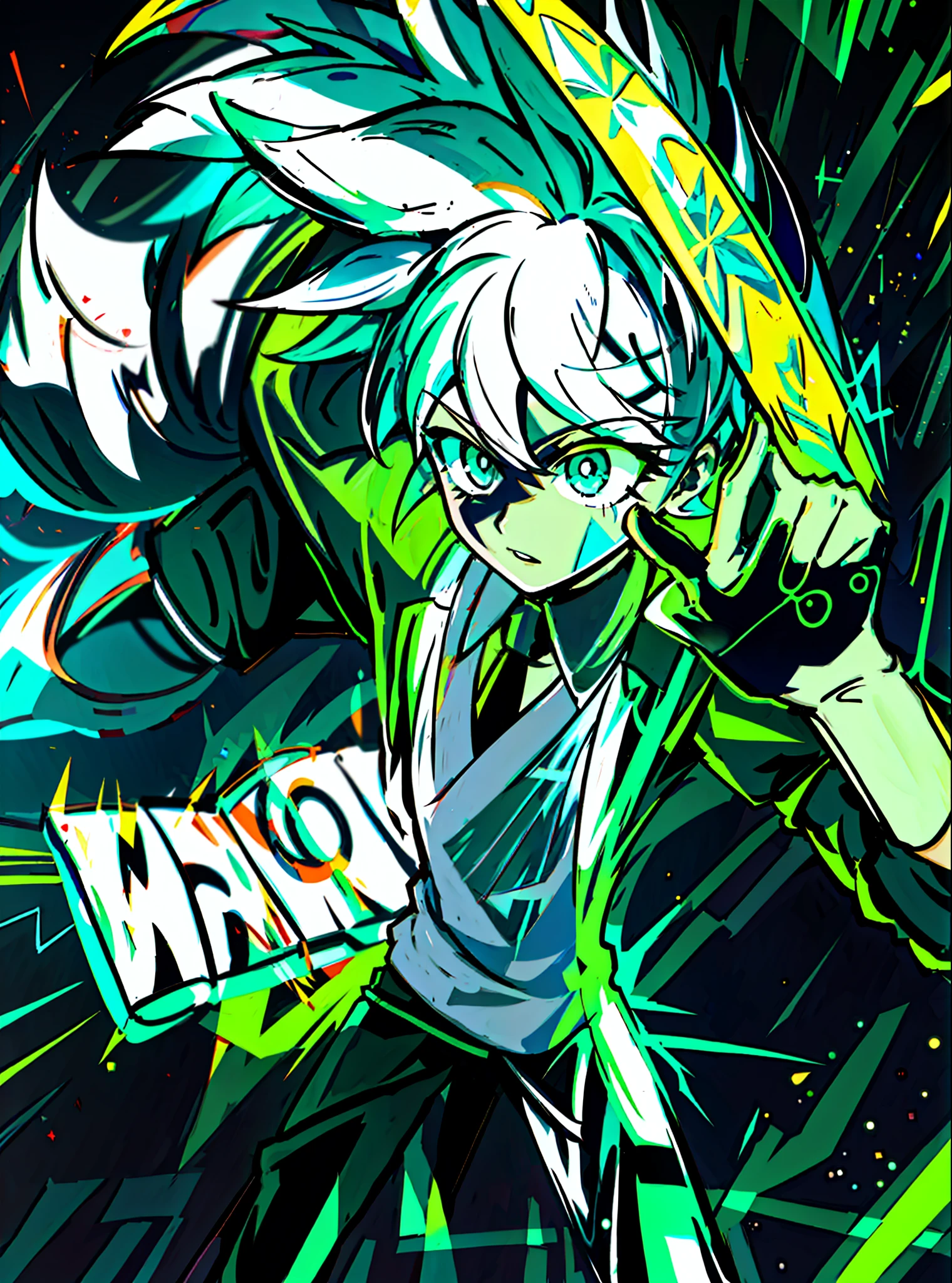 a close up of a cartoon character with a green background, rad, digital art from danganronpa, weirdcore voidpunk fursona, green colored skin!!, faded!, raal, badass pose, parietal art style, with splatoon style, cell shaded!!!, rads, danny phantom, “uwu the prismatic person, “diamonds, raver