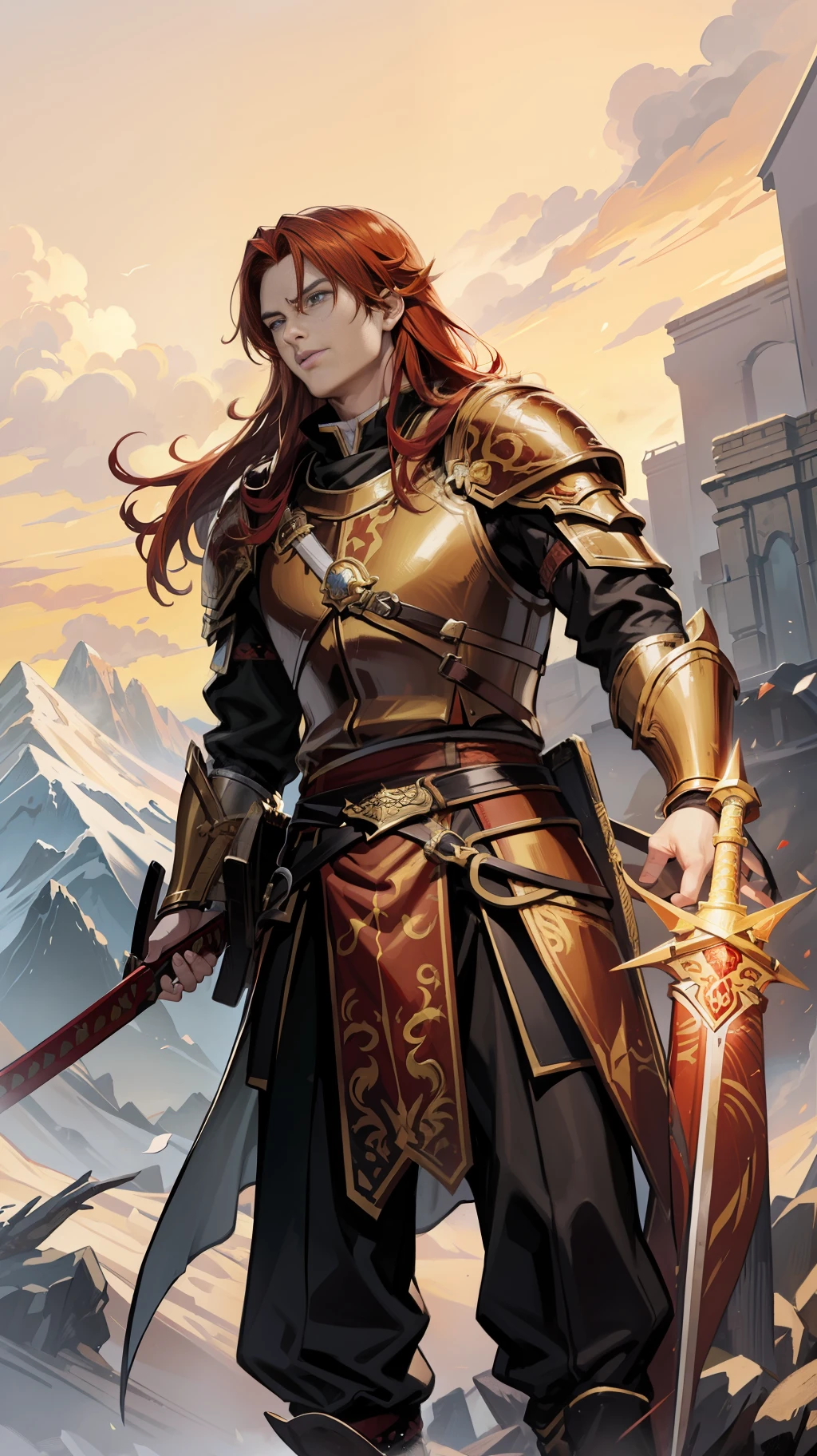 A 23-year-old man with long red hair and orange eyes, his armor is red and gold, has dragon scales and a band of white fabric on his chest, representing fire and peace of mind, he carries a fire katana (scenery high on a mountain);