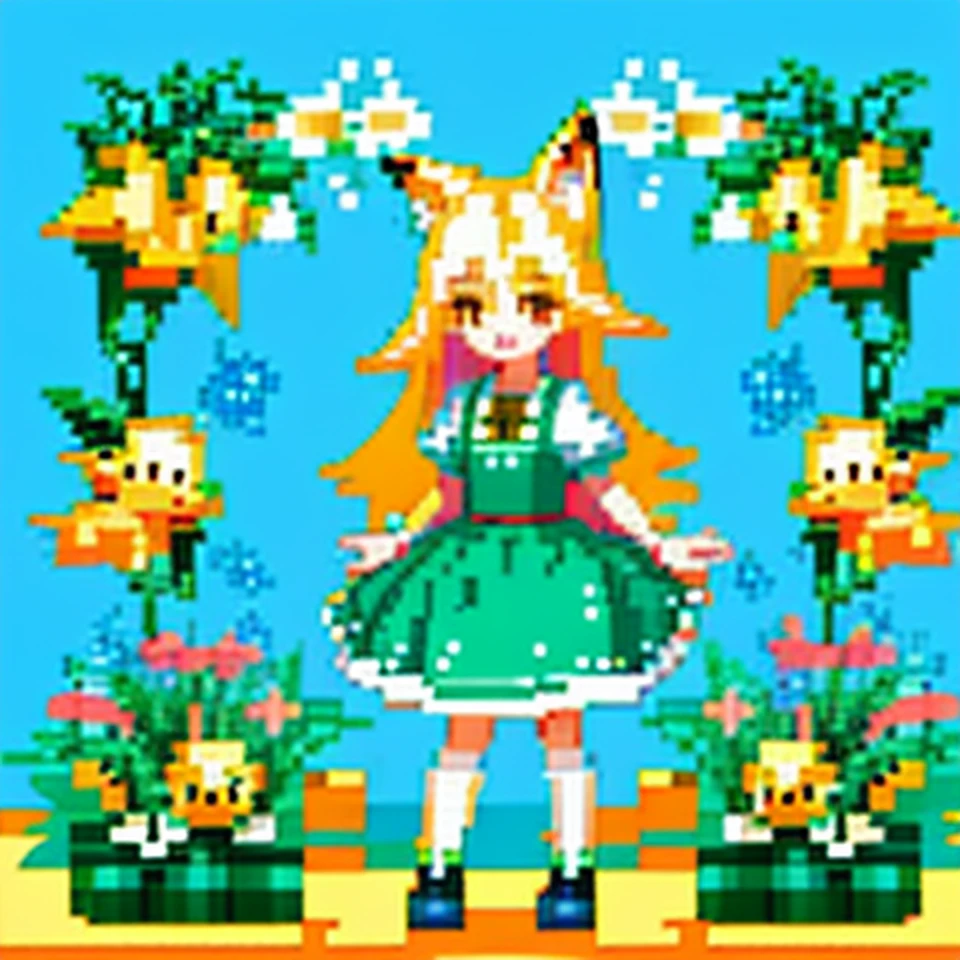 (pixel art_1.1) anime illustration of (1 girl) with adorable fox ears in a (relaxed posture), surrounded by a (chorus of joyful and charming plants). (color palette: sea blue, foam green, white, yellow bits), pixel art, pixel, voxel, 8-bit, 16-bit, isometric, game asset, game character, stardew valley, maple story, official art