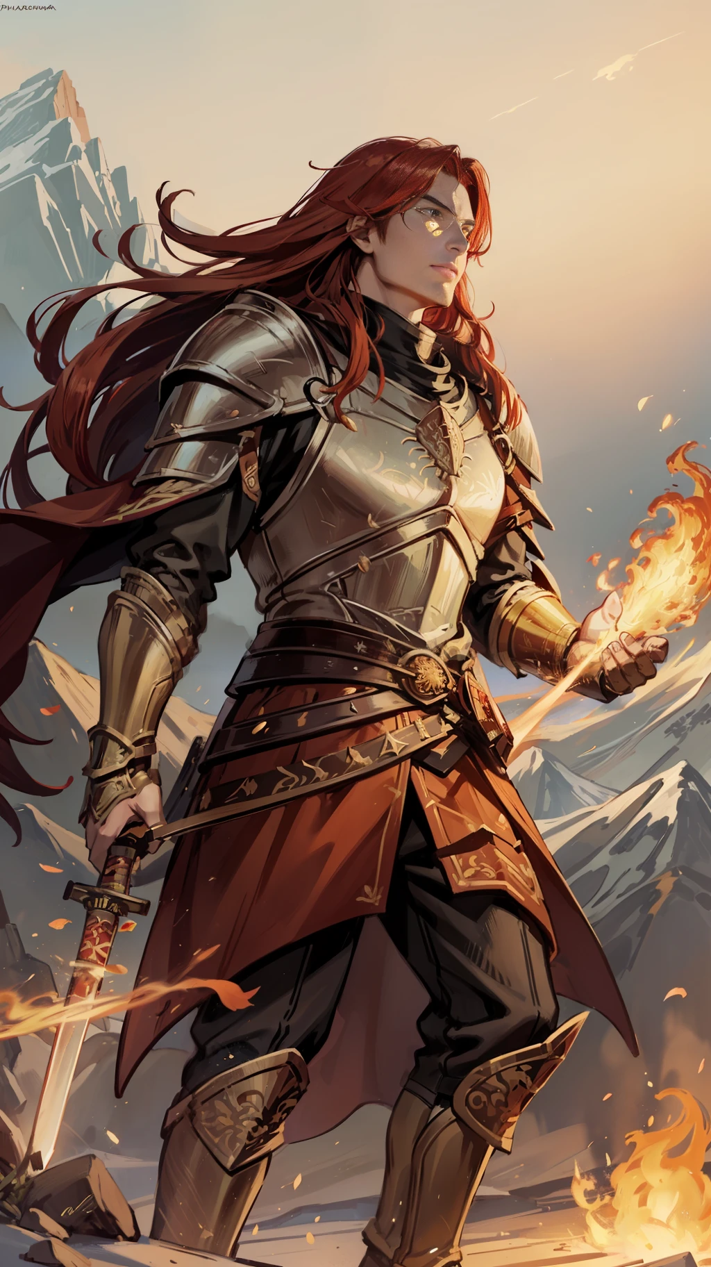 A 23-year-old man with long red hair and orange eyes, his armor is red and gold, has dragon scales and a band of white fabric on his chest, representing fire and peace of mind, he carries a fire katana (scenery high on a mountain);