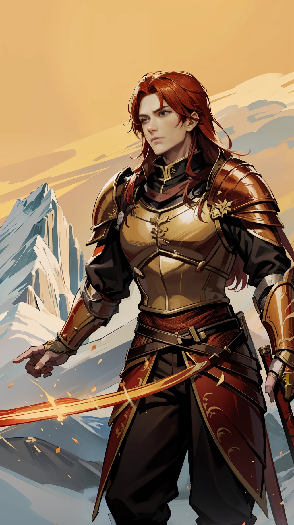 A 23-year-old man with long red hair and orange eyes, his armor is red and gold, has dragon scales and a band of white fabric on his chest, representing fire and peace of mind, he carries a fire katana (scenery high on a mountain);