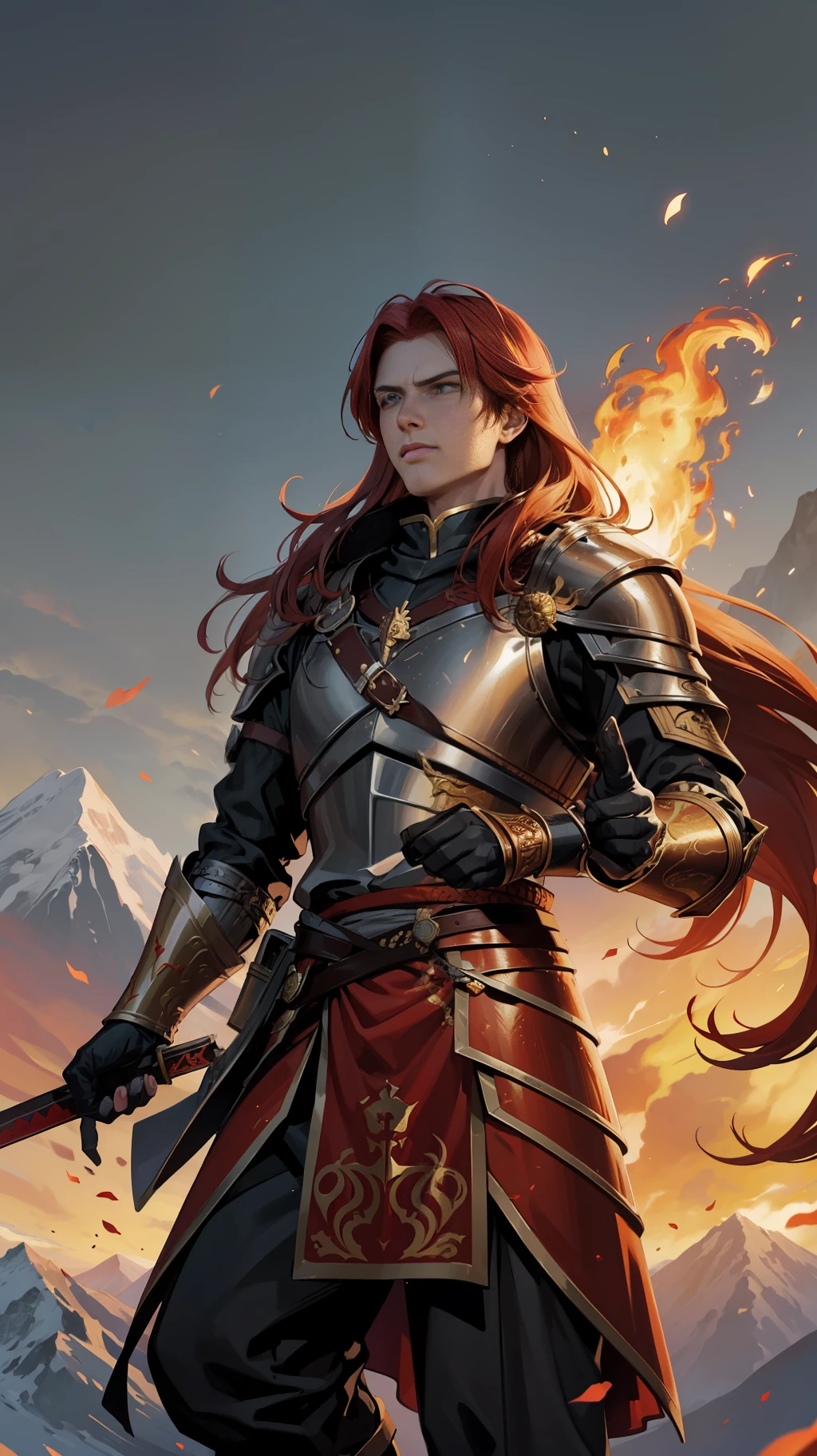 A 23-year-old man with long red hair and orange eyes, his armor is red and gold, has dragon scales and a band of white fabric on his chest, representing fire and peace of mind, he carries a fire katana (scenery high on a mountain);