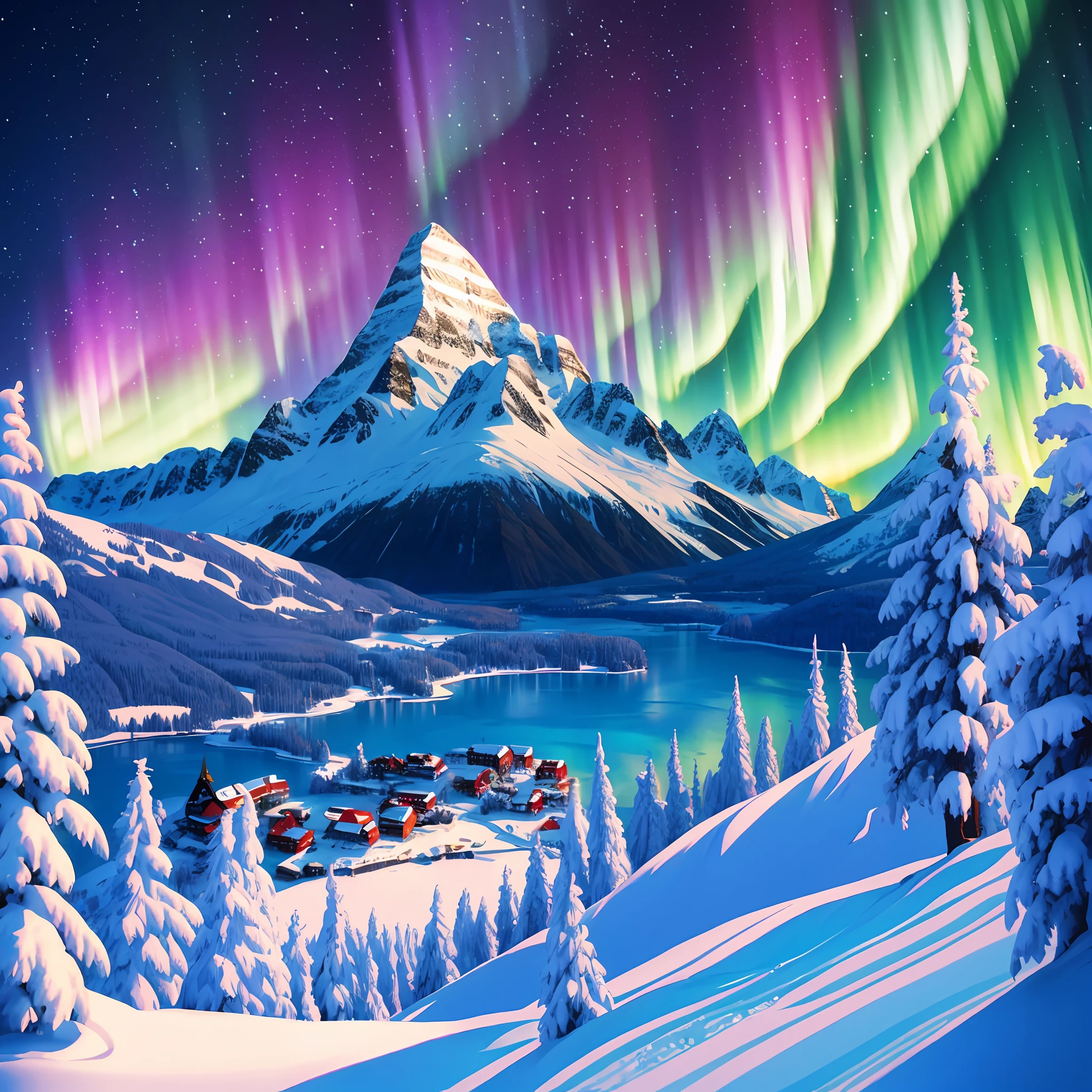 Best Pixel Art, high contrast, retro feel, wide shot, vivid colors with handmade feel, crispy details, snow-capped mountains and frozen lake with bright and vibrant Northern Lights, creating a stunning winter wonderland for your wallpaper.