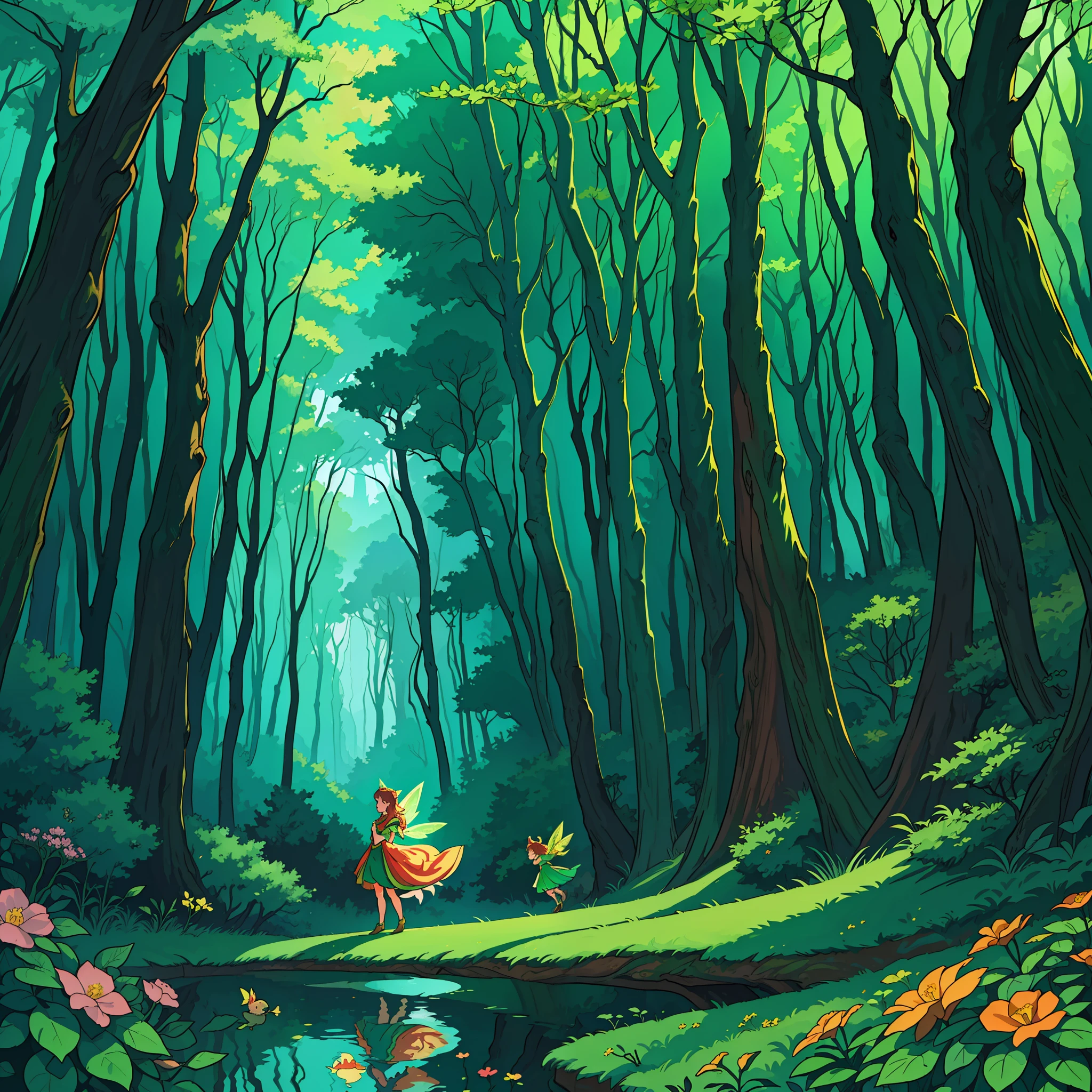 (a vast forest, fairy-themed, fairytale) (images extremely dramatic, illustrative) (Magic) (Perfect illustration) (masterpiece) (day) (8k) (Best quality) (fantasy) (colorful leaves) (full of flowers) (large trees) (animals) (fairies) (elves) (squirrels) (Great horizon) (natural light, light and shadows)