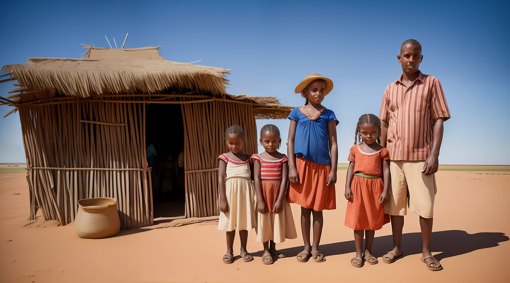 image of a humble family in the backlands of Bahia, with a man, a woman and their children standing in front of a modest shack. Sunlight shines brightly and illuminates the scene, creating complex shadows. People's clothes are simple and with rather faded colors. Behind the people, it is possible to see vast dry plains and an extremely arid landscape. The image should have a realistic and rustic aspect, with a photographic touch.