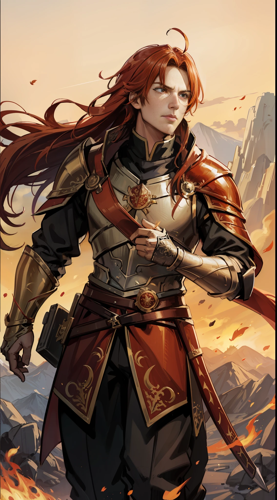 A 23-year-old man with long red hair and orange eyes, his armor is red and gold, has dragon scales and a band of white fabric on his chest, representing fire and peace of mind, he carries a fire katana (scenery high on a mountain);