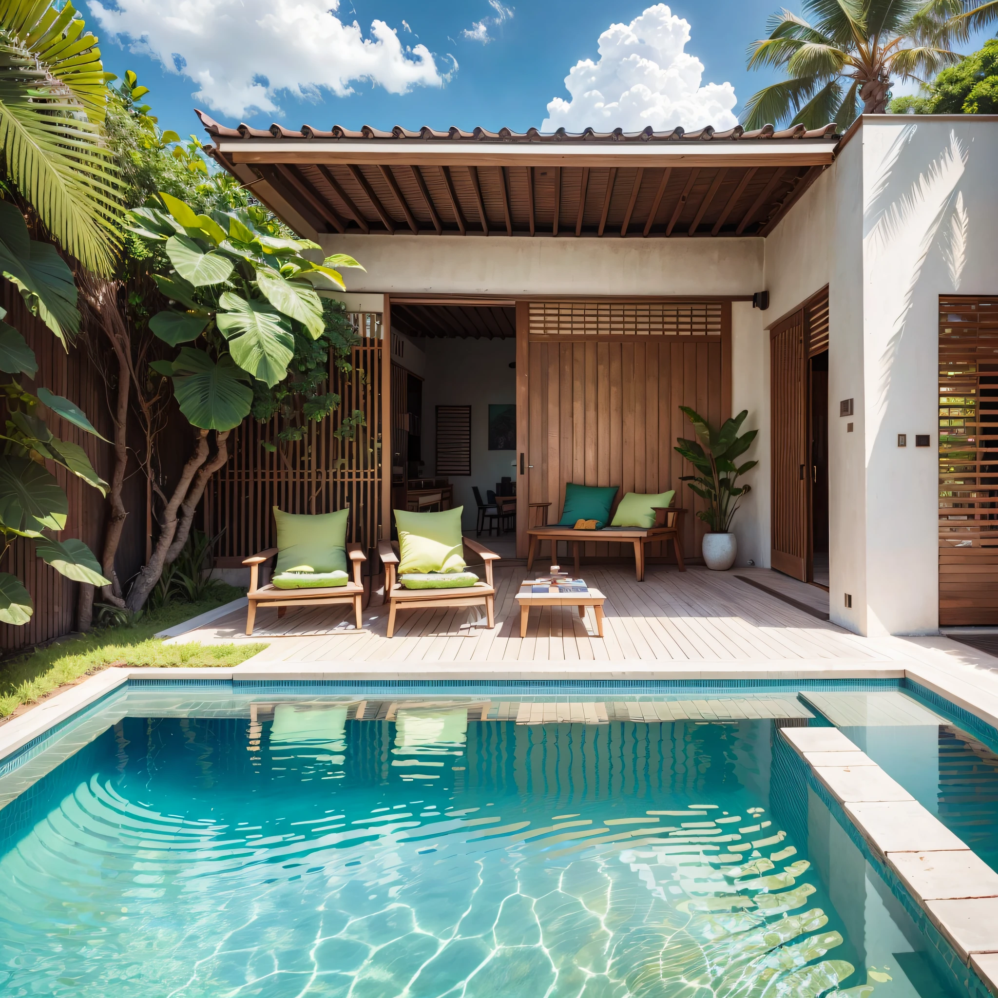 Brazilian house with tropical vegetation, wooden details, a pool with hijau stone, use neutral colors on the walls, decoration elements with striking colors that do not differ from the surroundings --auto --s2