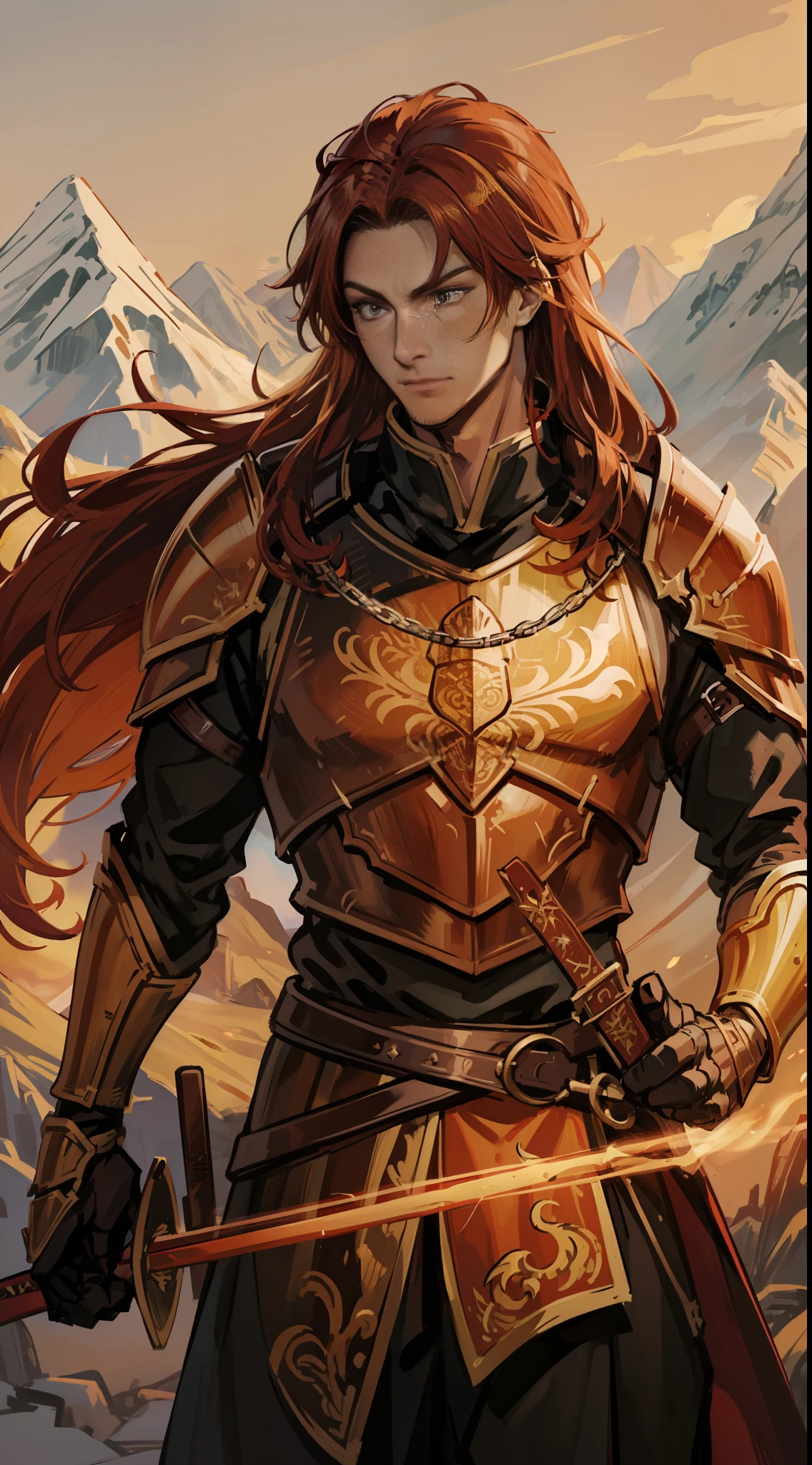 A 23-year-old man with long red hair and orange eyes, his armor is red and gold, has dragon scales and a band of white fabric on his chest, representing fire and peace of mind, he carries a fire katana (scenery high on a mountain);