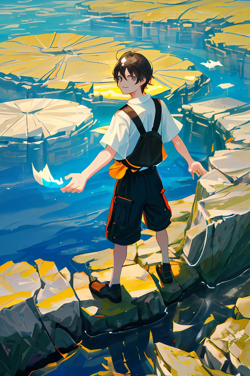 "The cover shows a smiling named Lucas with eyes full of mischief and energy. He's standing on the edge of a stream, holding a rock tightly in his hands. The current around him is represented with movement and intensity, conveying the danger he faced. In the background, his parents are rushing to rescue him, with expressions of concern and relief on their faces. The cover conveys the central message of the story, showing Luke's journey to learn the importance of listening to and respecting his parents."