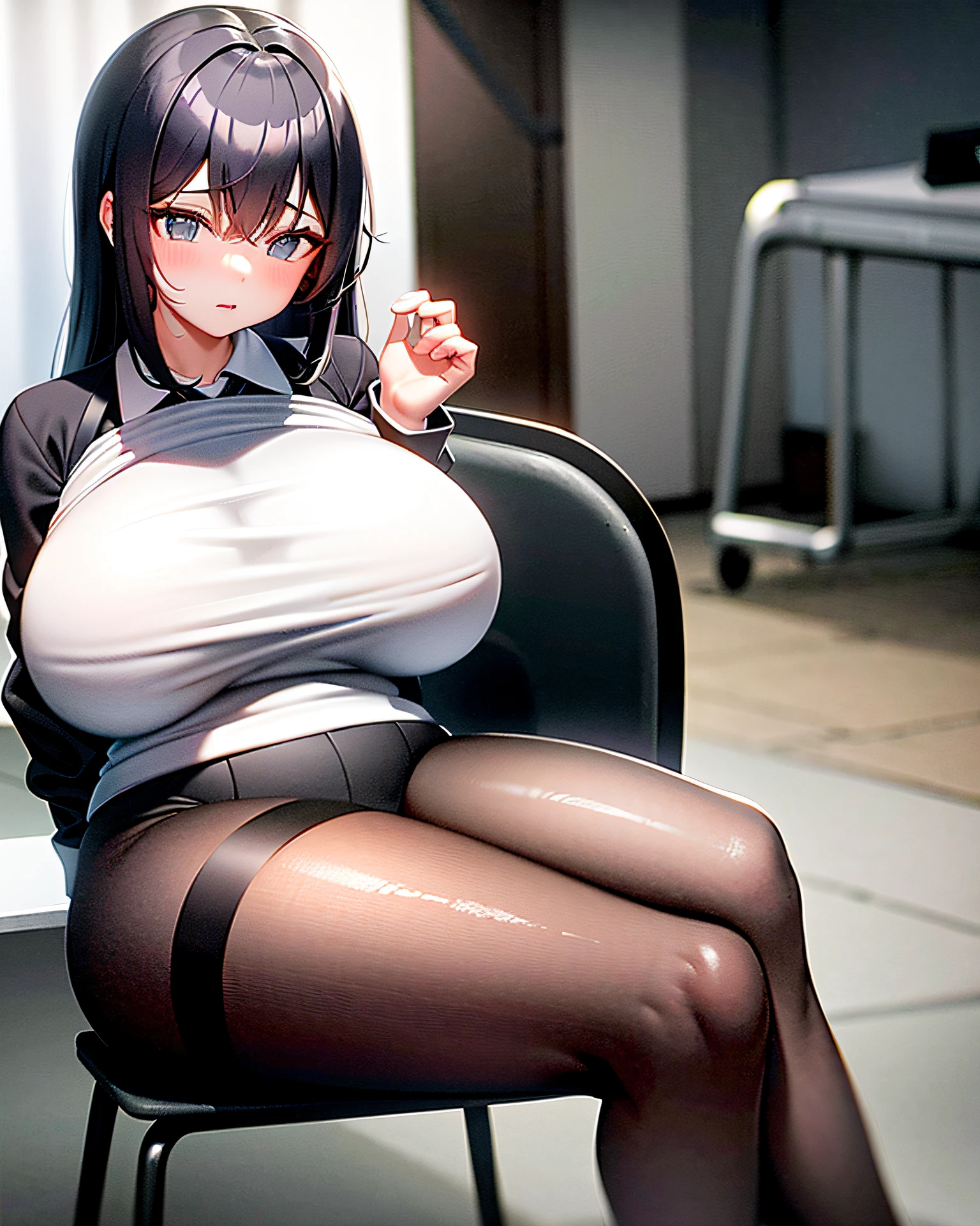 At the school health clinic, a girl with large breasts is sitting in a chair, wearing her gym uniform and exposing her bra as part of a physical examination. She seems to be in a state of undress, revealing her ample chest to anyone in the room. This situation may cause some discomfort or embarrassment for the girl, but it is likely a necessary step in the examination process. The girl seems to be cooperating with the medical staff, and the examination appears to be progressing smoothly. Overall,17yo ,(huge breasts:1.3)