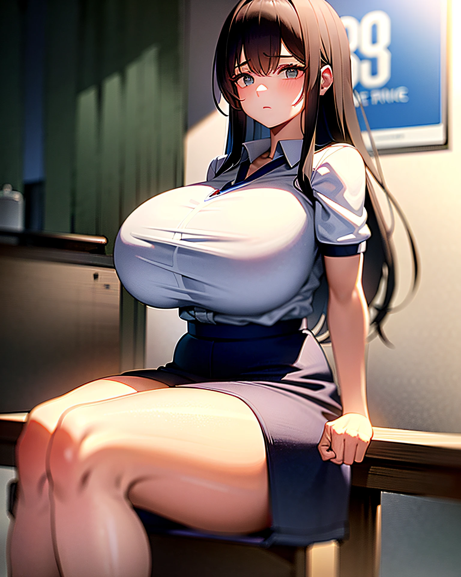 At the school health clinic, a girl with large breasts is sitting in a chair, wearing her gym uniform and exposing her bra as part of a physical examination. She seems to be in a state of undress, revealing her ample chest to anyone in the room. This situation may cause some discomfort or embarrassment for the girl, but it is likely a necessary step in the examination process. The girl seems to be cooperating with the medical staff, and the examination appears to be progressing smoothly. Overall,17yo little girl,(huge breasts:1.3)
