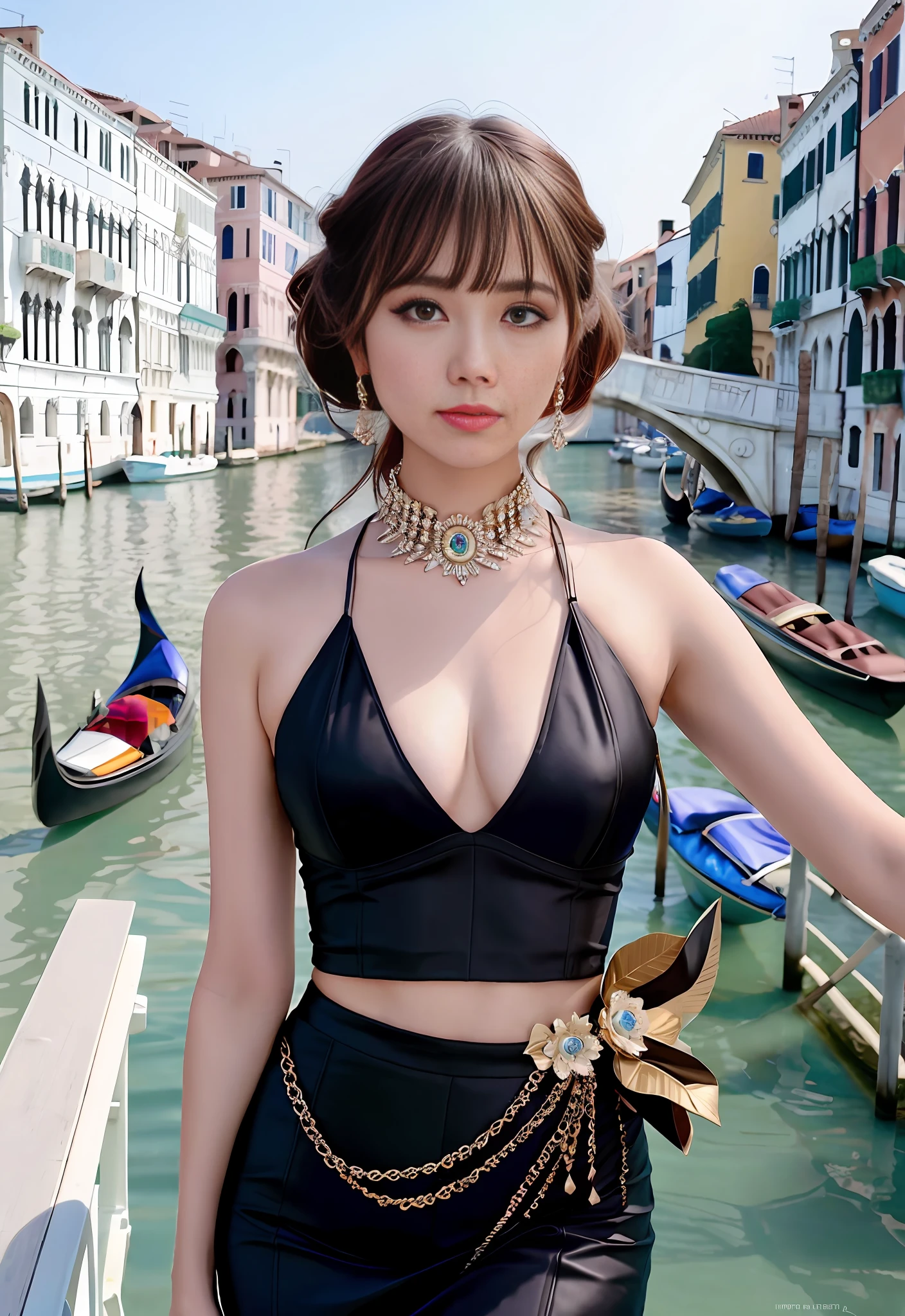 a hyper realistic ultra detailed photograph of a beautiful girl as a female 2020s dancer on the boat of 2020s Venice,(Bridge Of Sighs background),(princess eyes,shiny pupils), detailed symmetric beautiful hazel eyes, detailed gorgeous face, peaky blinders environemt, trending on cg society, bauhaus, bulgari, colourful atmosphere, official valentino editorial, moonlight, medium symmetry, neoprene, behance contest winner, portrait featured on unsplash, stylized digital art, smooth, ultra high definition, 8k, unreal engine 5, ultra sharp focus, award-winning photograph, Canon EOS 5D Mark IV DSLR, f/8, ISO 100, 1/250 second, TanvirTamim, trending on artstation, by artgerm, h. r. giger and beksinski, highly detailed, vibrant