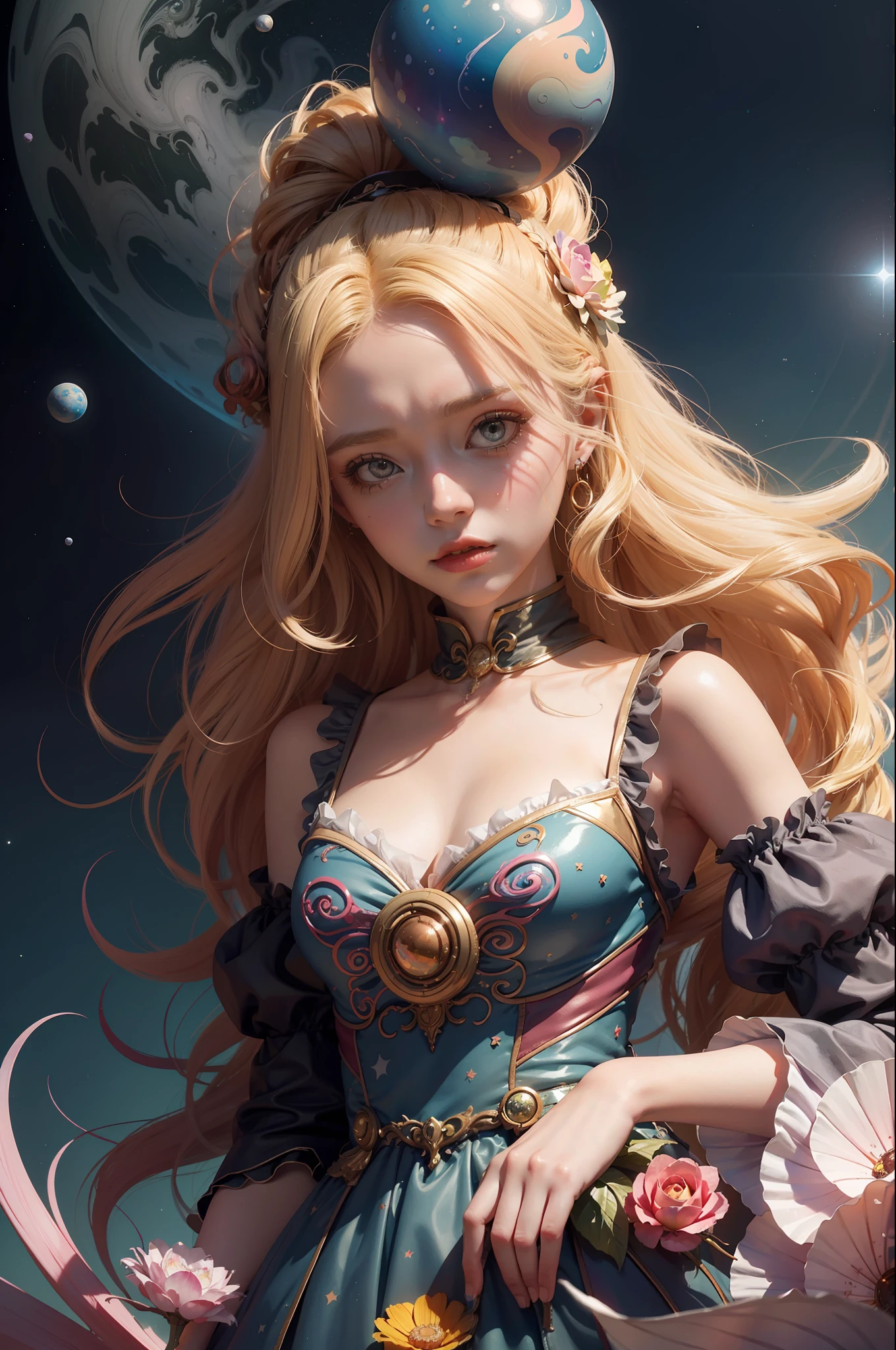 colorpop style, photo photo portrait of the sun surrounded by orbiting planetary moons, blonde pointy hair, natalie shau, mark ryden, alberto seveso, brooke shaden, anna dittmann, flora borsi, 8k resolution, perfect composition, milky way, rainbow color, flying insects, scales, wings, blue, texture, complex, gorgeous, shadow, pastel colors, 3d, Highly detailed, decorated in style, Tim Burton, Dale Chihuly, Xiaolongcheng, Cyril Rolando, by J. Gigue