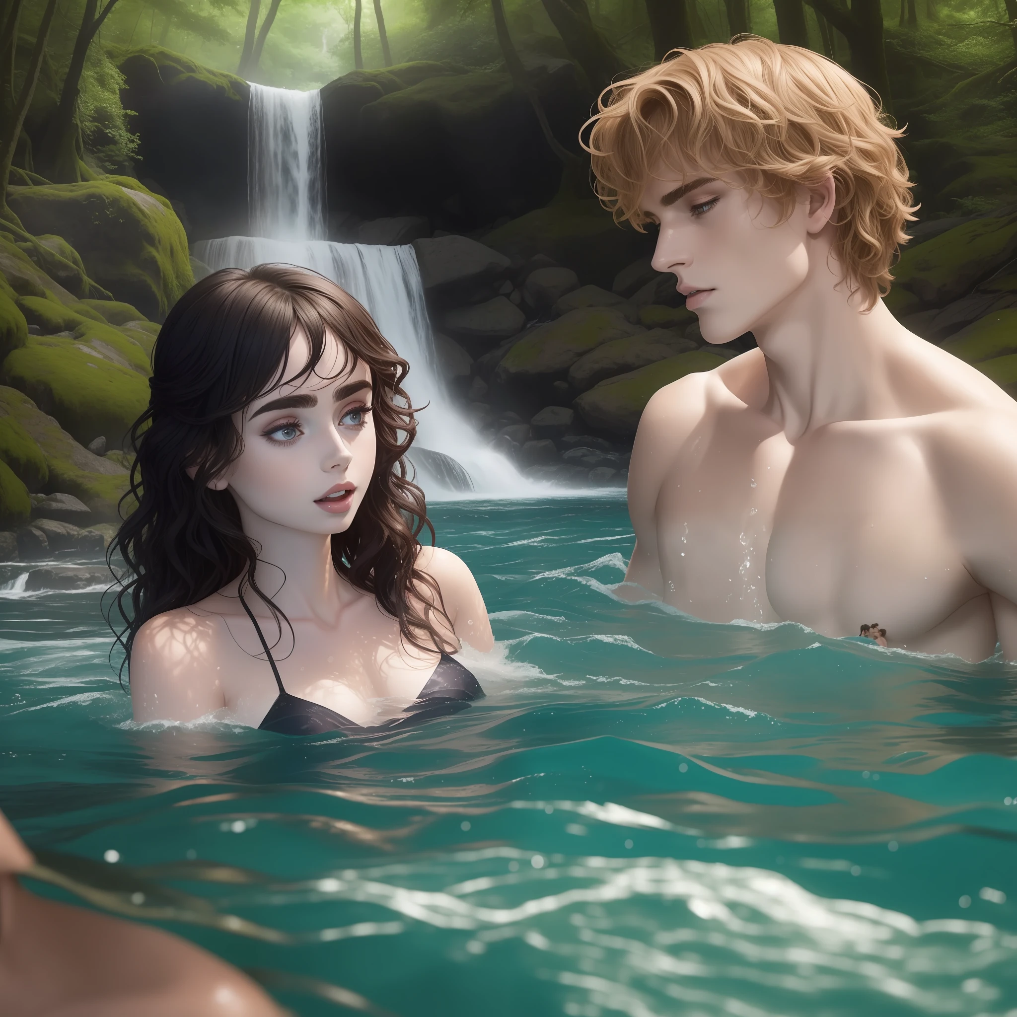 A couple bathing in a large river together, half the body submerged; the woman is Lily Collins with black curly hair, simple medieval white dress; and the man is Neels Visser blond-haired, shirtless; The two are swimming together in a river with waterfall and water is crystal clear, has a forest around, the image is extraordinary and very detailed.