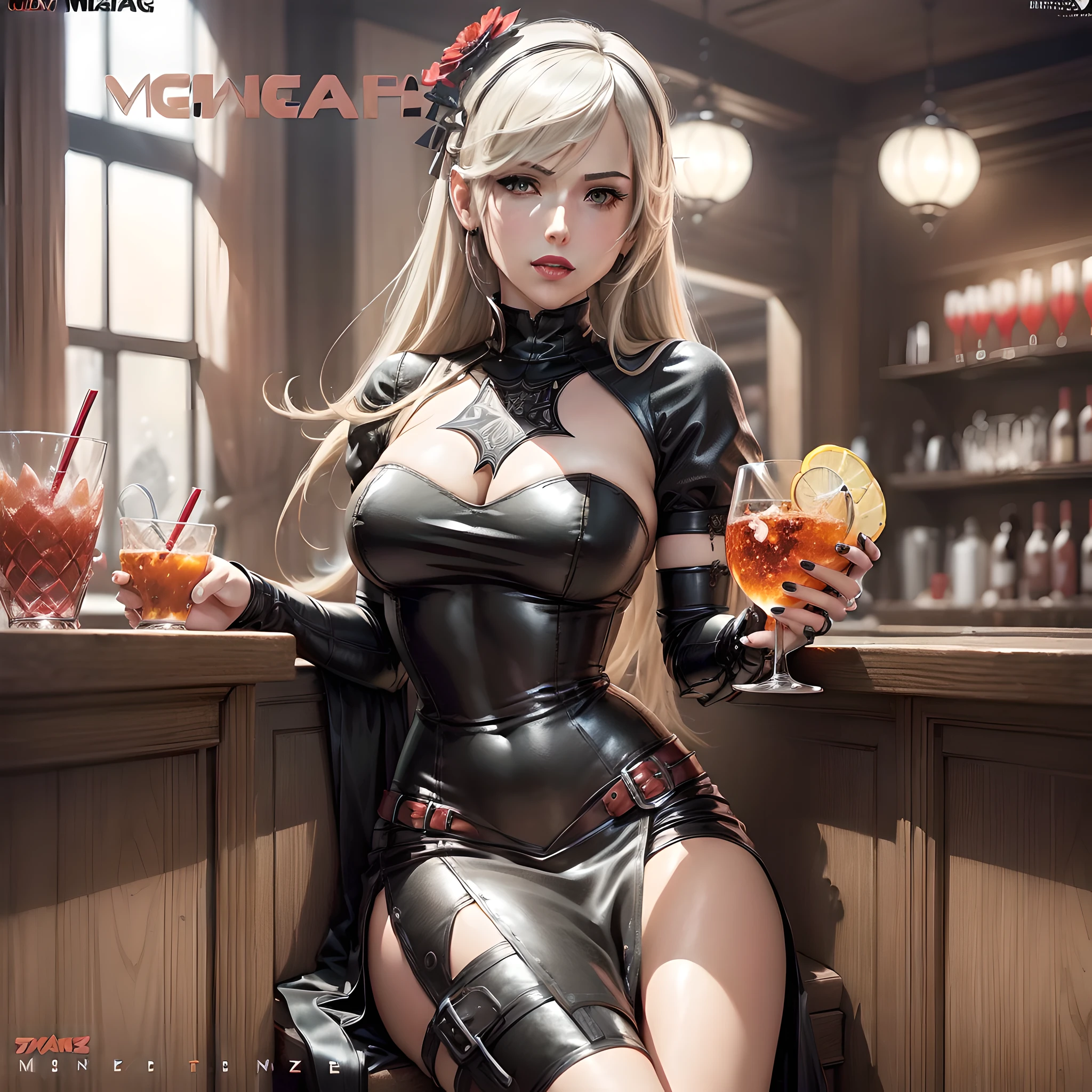 (magazine cover:1.7),Nier Automata, Final Fantasy 7 Remake, Final Fantasy XVI , A woman like Tifa or 2B wearing a red dress and red lipstick, red lips , red dress, Artstation , pixiv, deviantart , aesthetic , beautiful , highly detailed , original work , master piece , extreme details , classy , formal , sitting , legs crossed , holding a drink , upper class bar, the back ground must be under water with fish in the glass , similar to an aquarium , aquatic life , see animals , sea plants, HDR, OLED ,Wallpaper , Headline , Front cover , Crimson Red , Candy Apple Red , reflections
