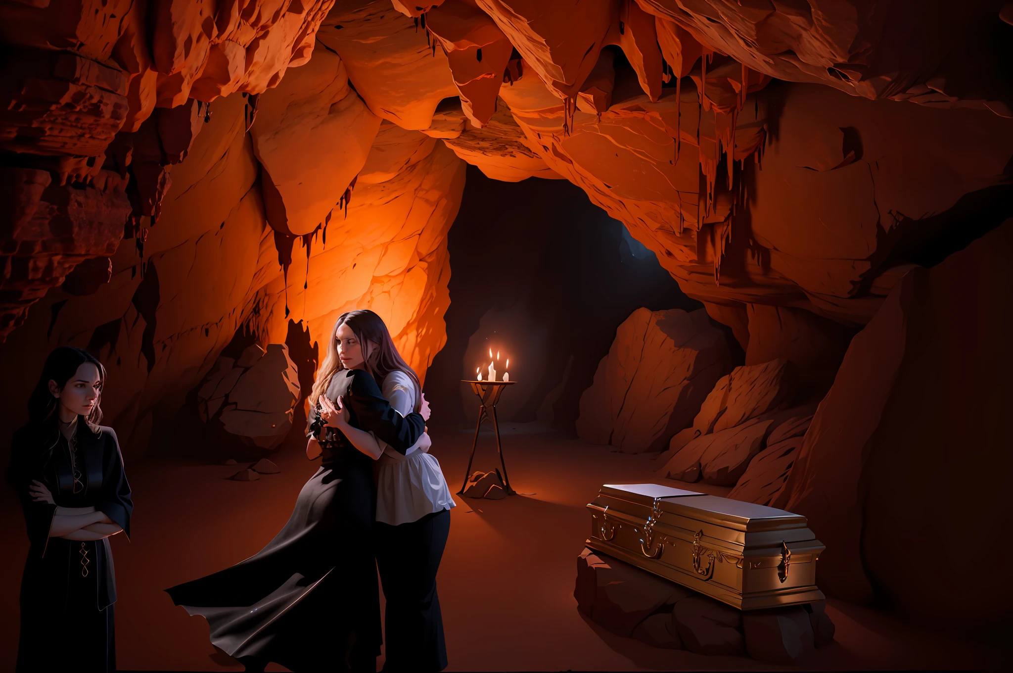 there are two women standing in a cave with a casket, photo still of, inside the wishing well cavern, in a cave, lost in a cave, in a large desert cave, ambient cave lighting, photo still, advertising photo, picture inside covens den, photo - shot, dramatic scene, cavern, still photograph, cave