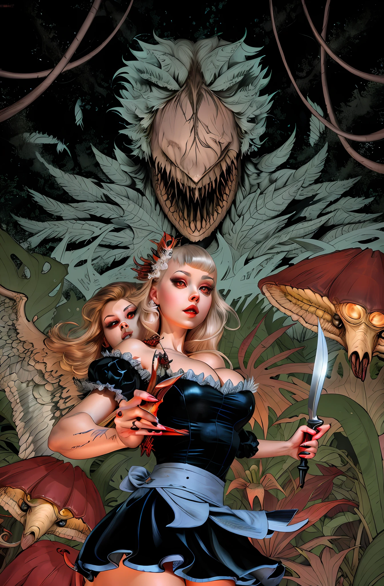 There is a woman holding a knife in front of a creature that looks like a monster stork, scary detailed art in color, in a creepy forest at night, horror environment, dark scene with the woman in the center highlighted. Monster with red eyes, coloring POV style Facesitting, artgerm lau style, realistic shadows with lighting coming from above