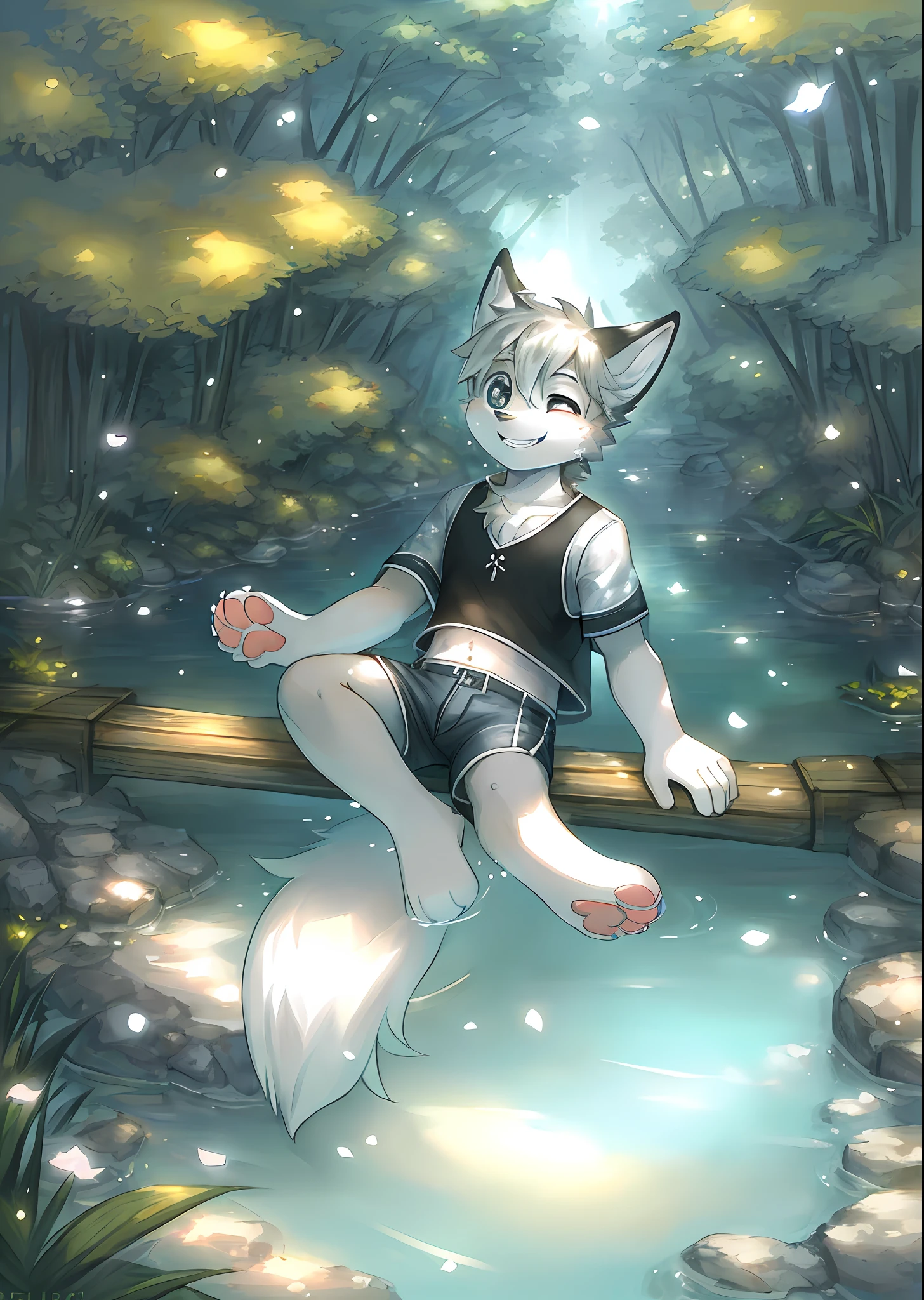 ((solo)), a beautiful scene (Anthro furry fox boy), fishing in a stream, butterfly, ((happy, laughing, detailed face, detailed big eyes)), natural soft light, 8k, SFW, summer, peaceful, hired, (furry paws), orc boy in clothes, black and white hair