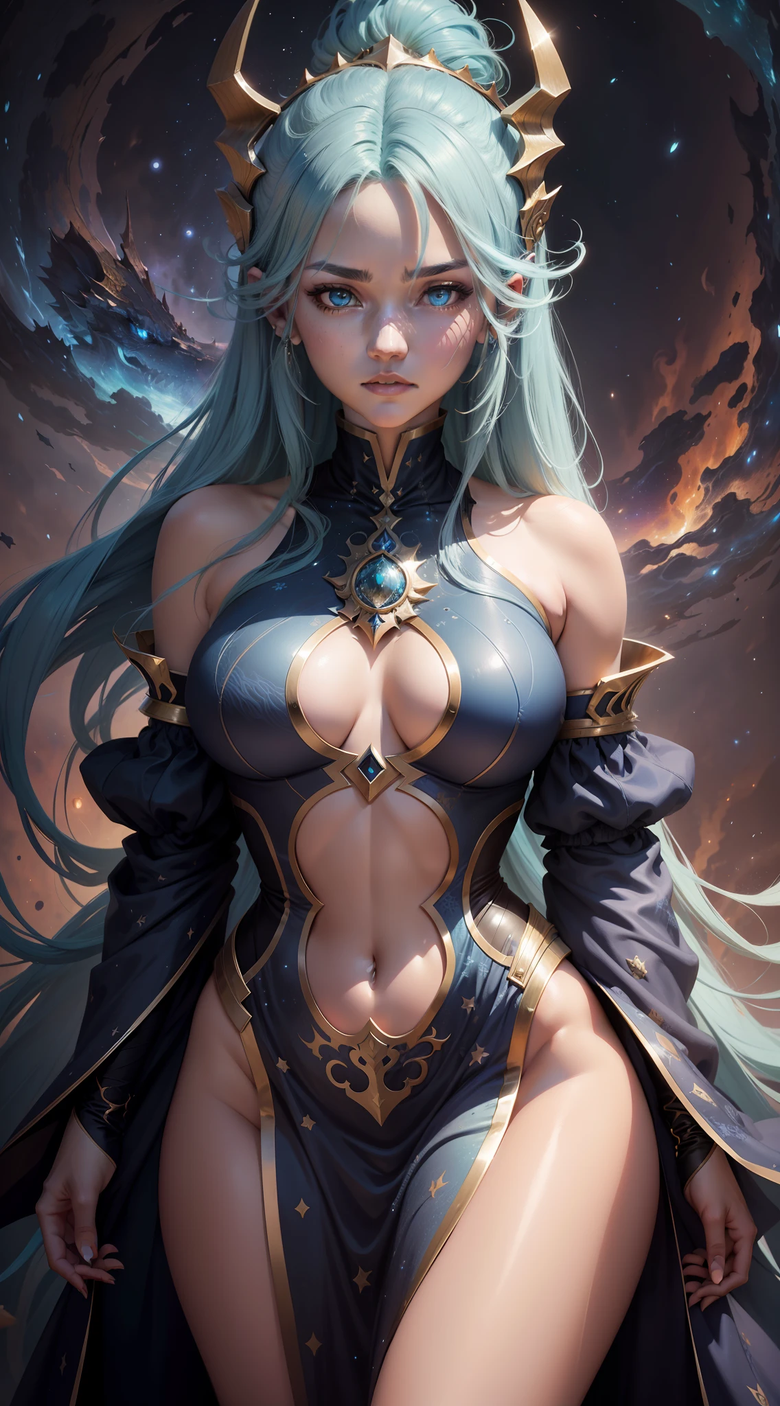 This astonishing image captures the essence of a female dragonoid (aqua_konosuba) with a breathtaking human head and long blue hair and blue eyes. The dragonid's body is meticulously covered in intricate dragon scales, accentuating its ethereal appearance. The scene takes place in a cosmic environment, where spinning nebulae and distant galaxies create a mesmerizing backdrop. The dragonoid stands gracefully at the edge of the universe, with a highly detailed face and piercing eyes that convey a sense of wisdom and serenity. The skin and skin pores are meticulously rendered, adding a layer of realism to the image. This artwork combines traditional painting techniques with digital enhancements to create a masterpiece that pushes the boundaries of the imagination.