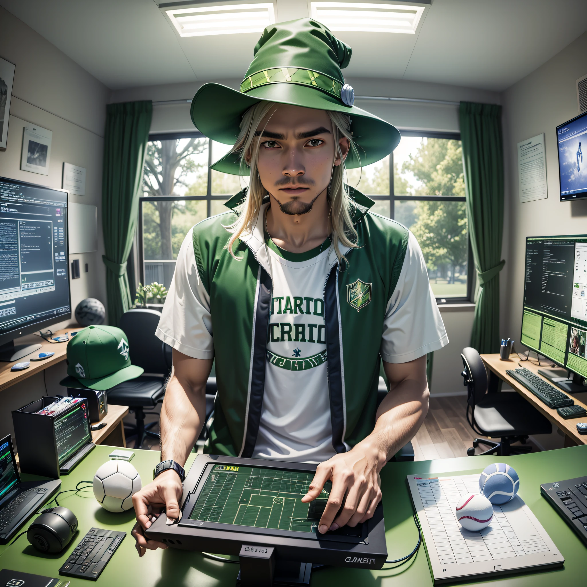 Wizard, wizard in basketball shirt and tennis wearing green pointed hat inside gamer room full of monitors and state-of-the-art computers --auto --s2