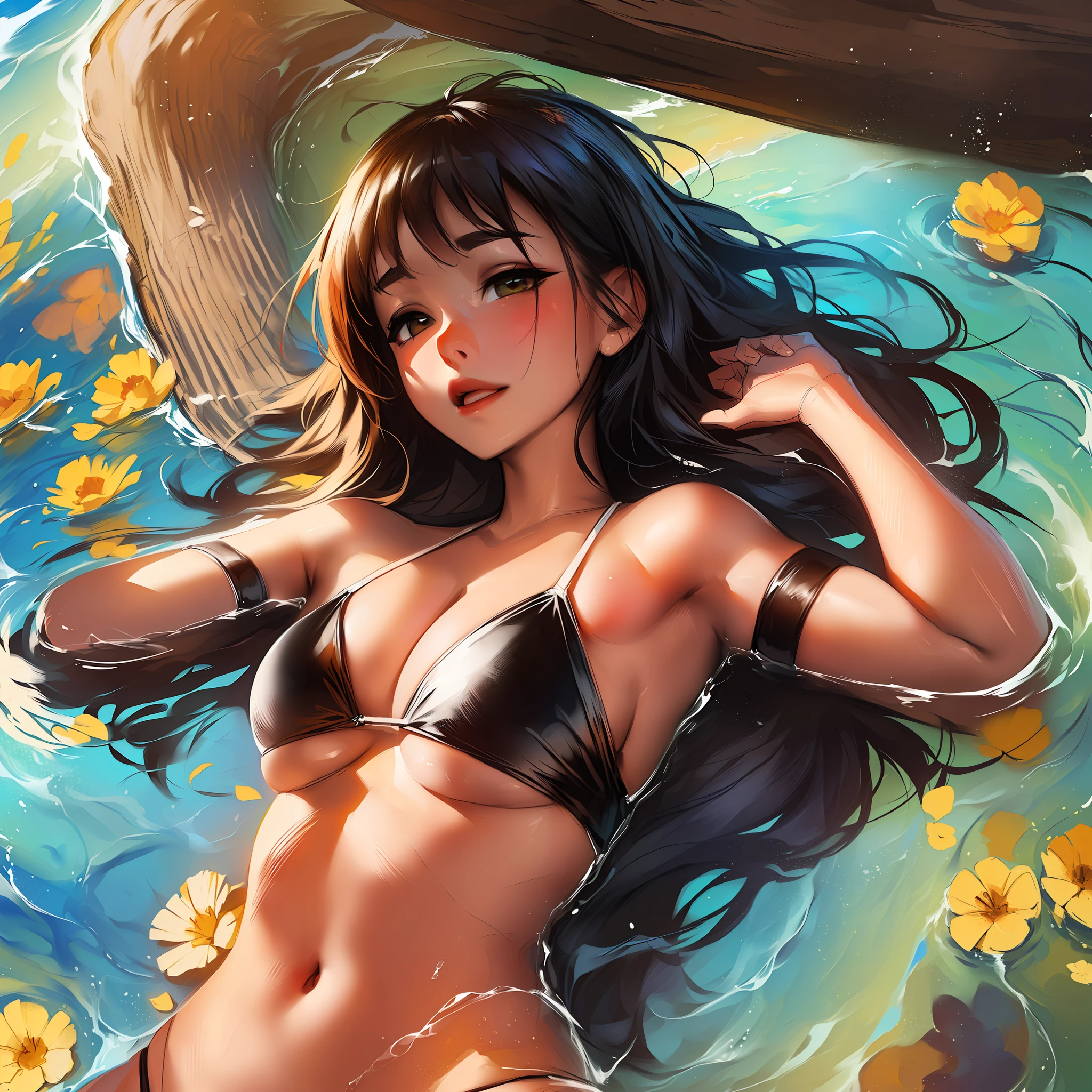 anime character, 3 breasts, bikini, lying with armpits exposed --auto --s2