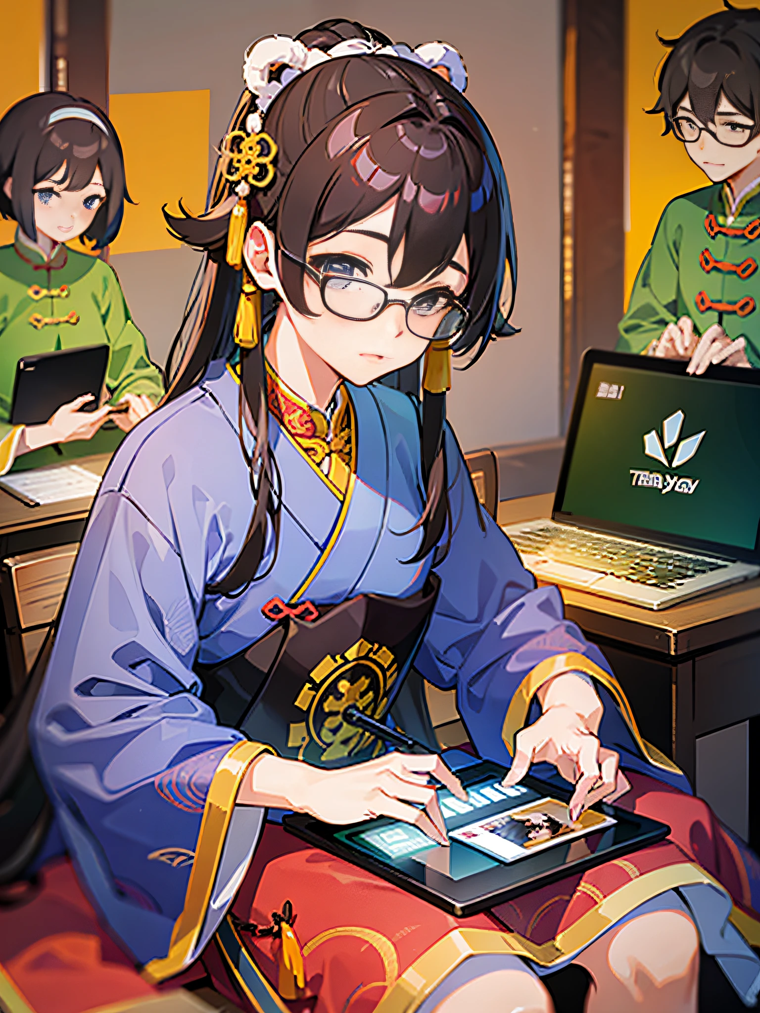 In the background is a Chinese Tang Dynasty study, a young girl with glasses dressed in Tang Dynasty Han costume using a laptop and two male students sitting next to him, also dressed in Tang Dynasty Han costume and using a tablet, discussing two female students, high resolution