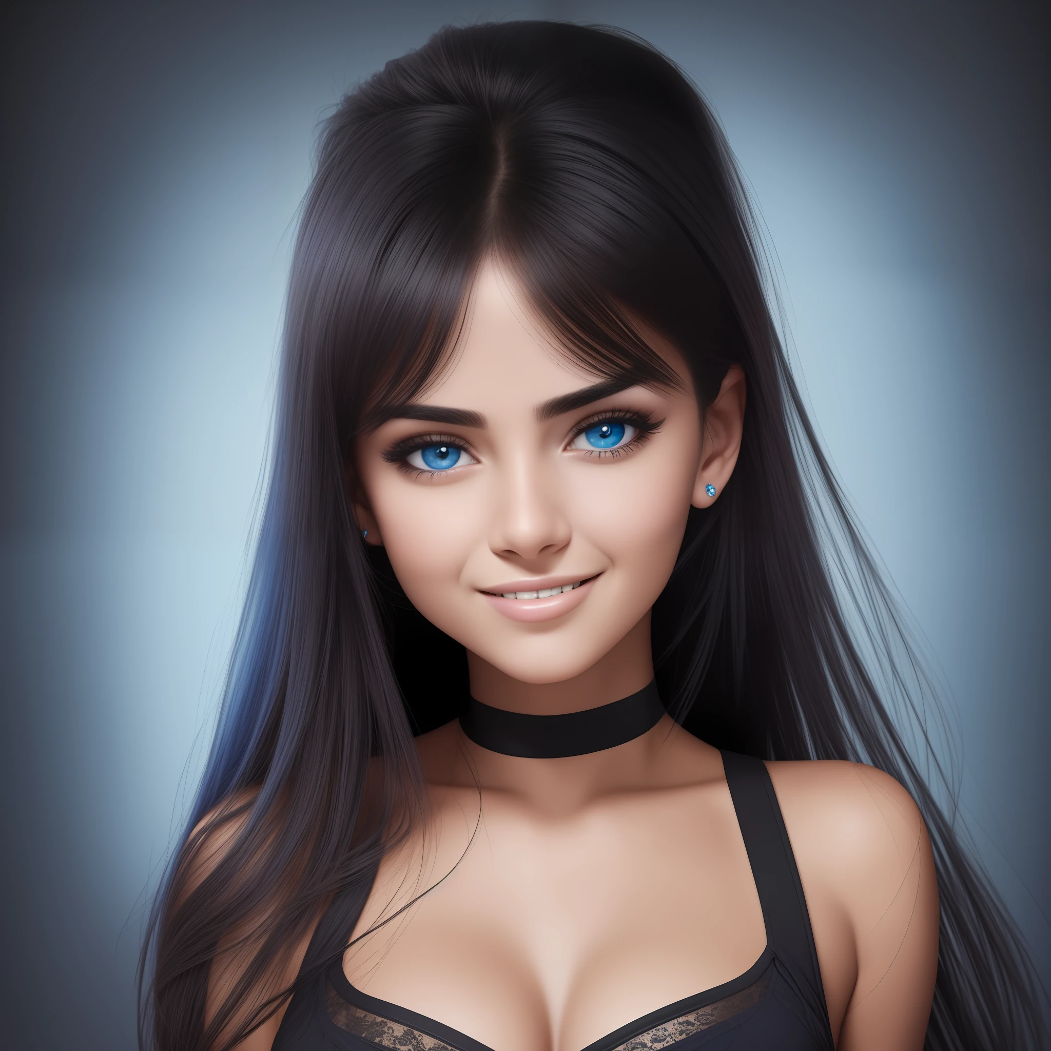 Best quality, realistic photo, ultra high resolution, absolute black background, blue right light, woman, brazil, smile, medium mouth, tapered nose, striking eyes, face from front to chest, 20 years, beautiful cute defined face --auto --s2
