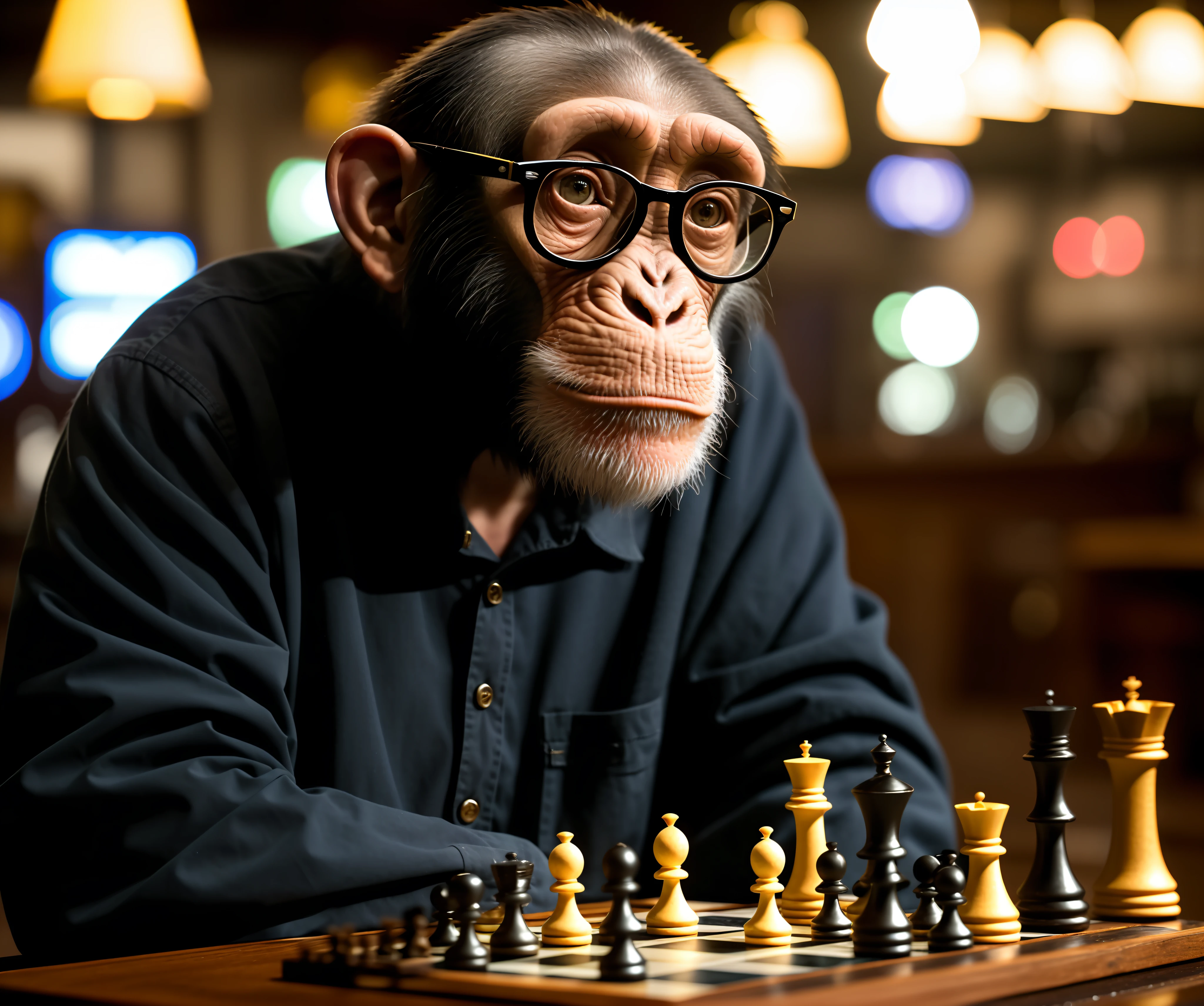 two bespectacled hipster chimpanzee, sad in a bar, playing chess, flannel shirt, dark environment, low lighting, intricate, volumetric light, discreet, film style, kodak film, film appearance, high resolution, photographic, photographic, hyper realistic, photorealistic, highly detailed