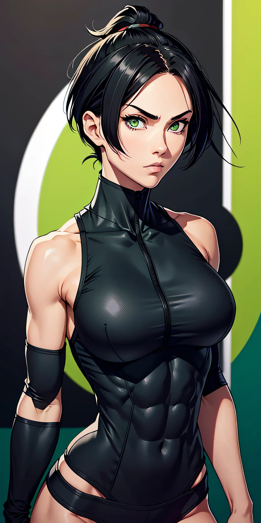 a ninja, pretty face, serious face, short black hair, green eyes, perfect body, fit body, abdomen, big breasts, muscular, wearing a ninja outfit