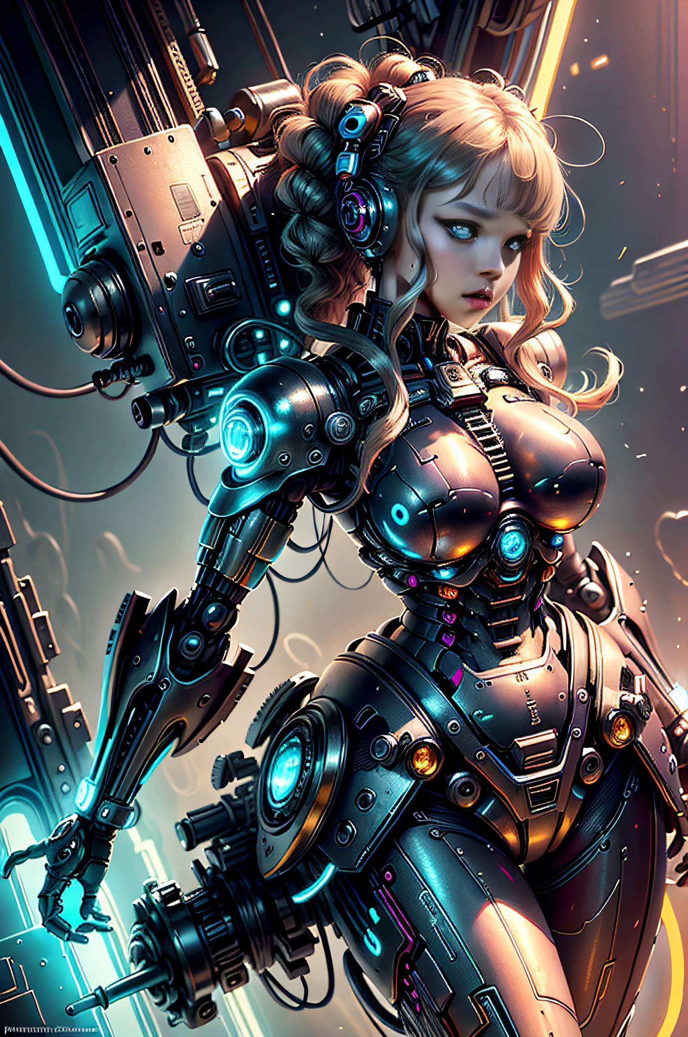 (Masterpiece, Top Quality, Best Quality, Official Art, Beauty and Aesthetic: 1.2), (1 Girl), Mecha, Future, Technology, Light, Cyberpunk City, Entanglement, Upper Body, Extremely Detailed, (Fractal Art: 1.3), colorful and most detailed