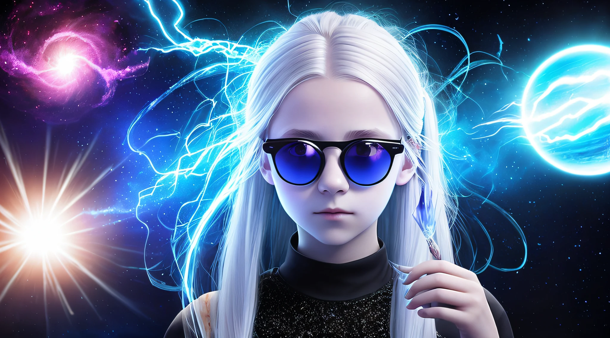 14 YEAR OLD CHILD GIRL WITH SUNGLASSES, WITH PLATINUM HAIR WITH LONG BUN, holding a blue ball in her hands with smoke enveloped by lightning and a dark transparent blue, super realistic coming out of it,.crystal ball, holding a crystal ball. (Blackholeengine:1)