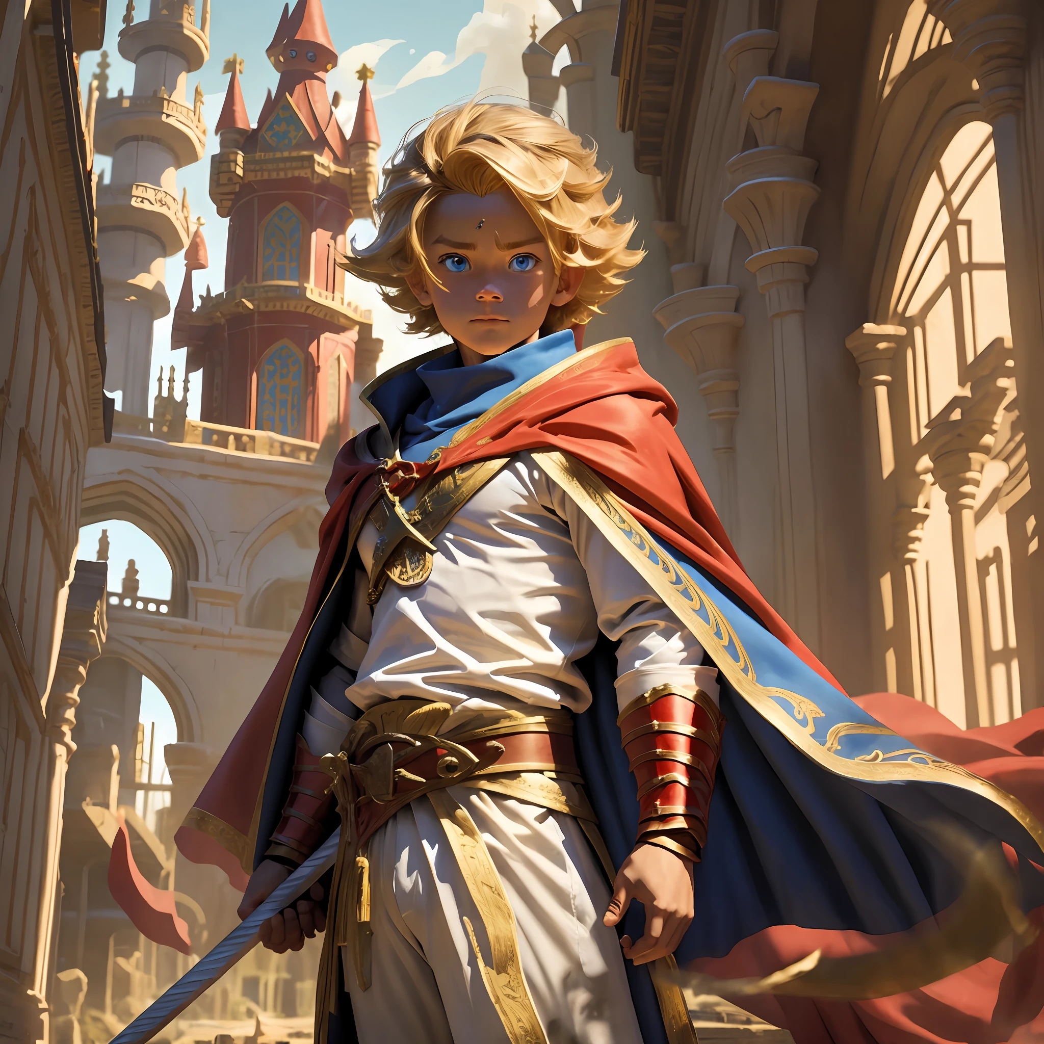 Hero-like character, with red cape, blonde hair, blue eye, for children's book story with title The Little Hero of the Kingdom of Toys --auto --s2