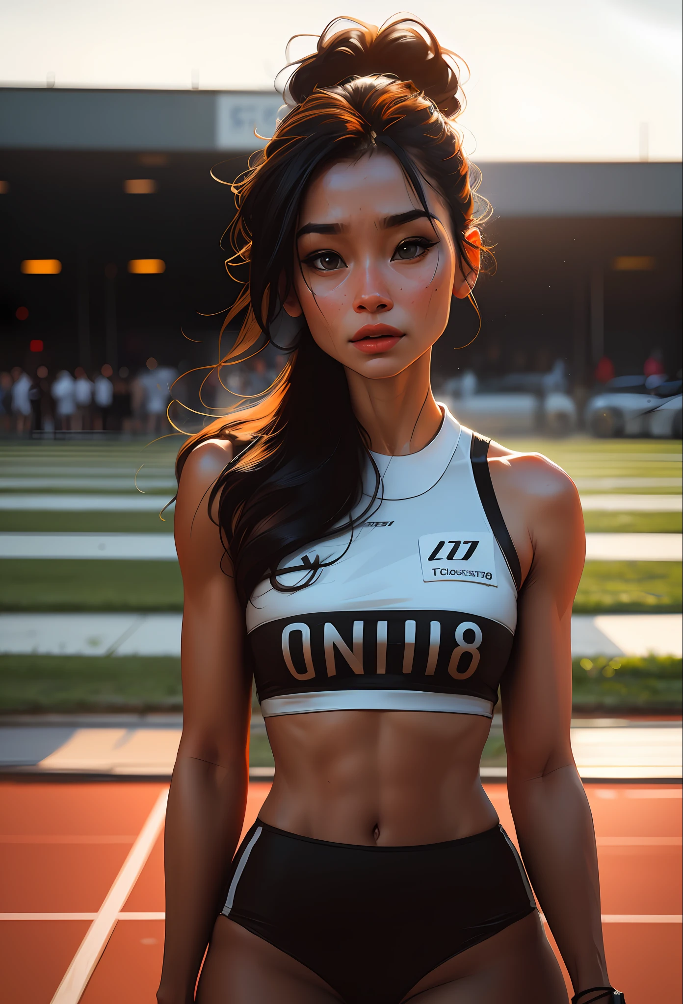 beautiful mature college girl, in track outfit, outside on track field, ((slim, petite)), photorealistic, photo, masterpiece, realistic, realism, photorealism, high contrast, photorealistic digital art trending on Artstation 8k HD high definition detailed realistic, detailed, skin texture, hyper detailed, realistic skin texture, armature, best quality, ultra high res, (photorealistic:1.4),, high resolution, detailed, raw photo, sharp re, by lee jeffries nikon d850 film stock photograph 4 kodak portra 400 camera f1.6 lens rich colors hyper realistic lifelike texture dramatic lighting unrealengine trending on artstation cinestill 800,
