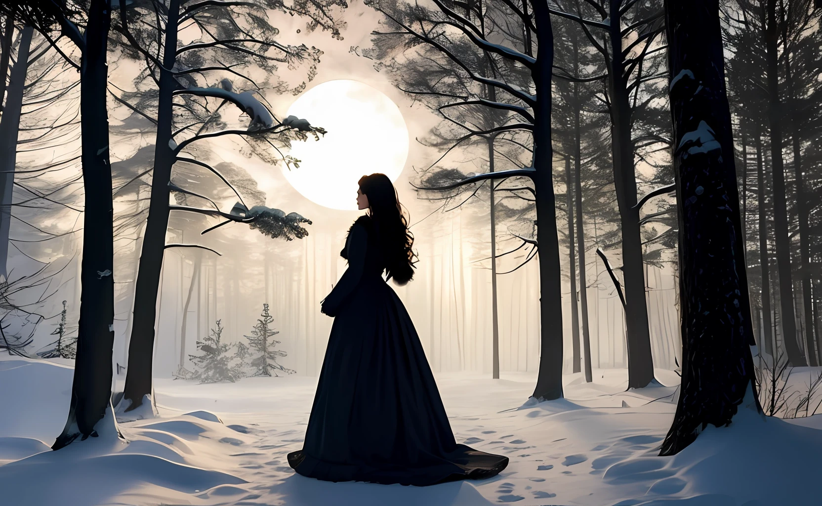 Shadow, silhouette of woman in period dress in forest, late afternoon, cloudy with mist, and full moon in the background, winter. Realistic, cinematic, realistic photography. Very close to the real thing.