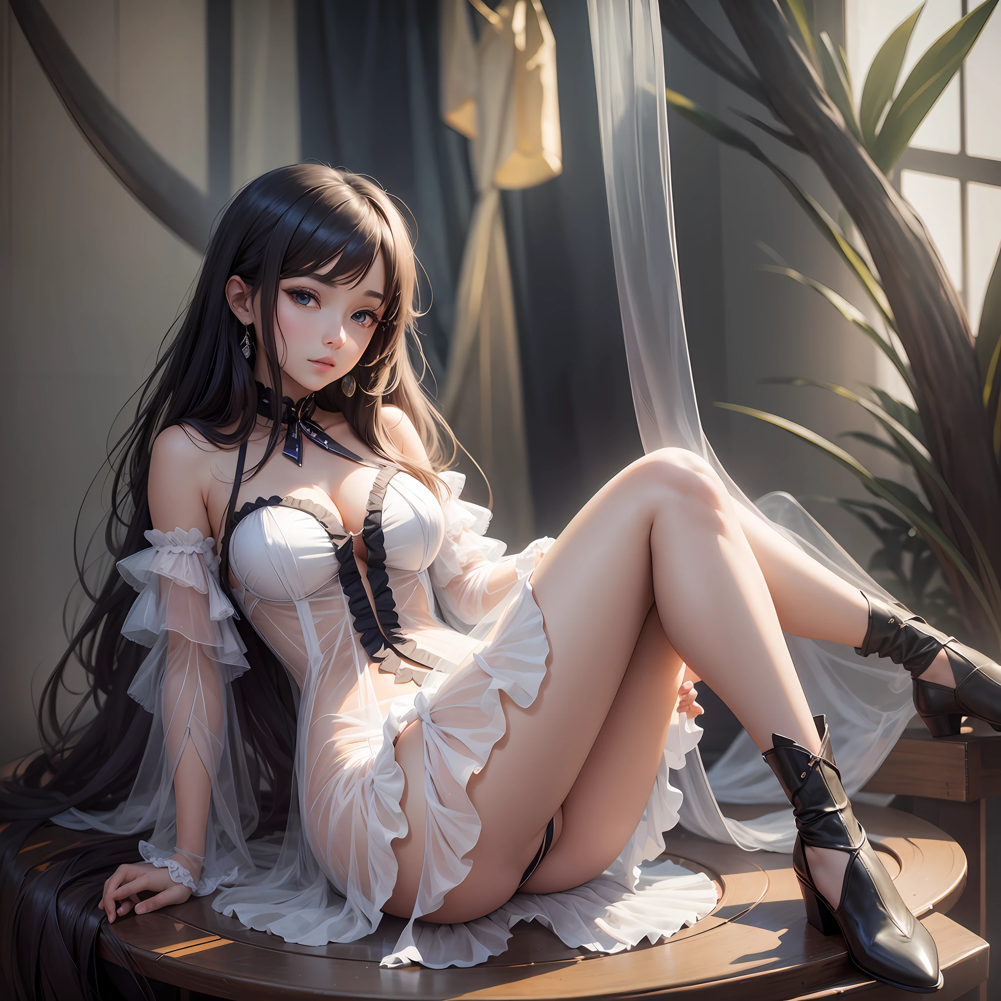 Full body portrait of a beautiful anime woman sitting with her legs open with transparent clothes