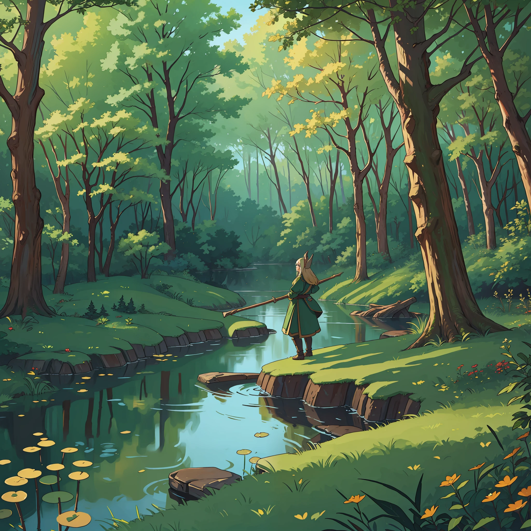 (best quality, masterpiece: 1.3) elves,forest, side view, wide-angle, focus for forest, pond, (8k)