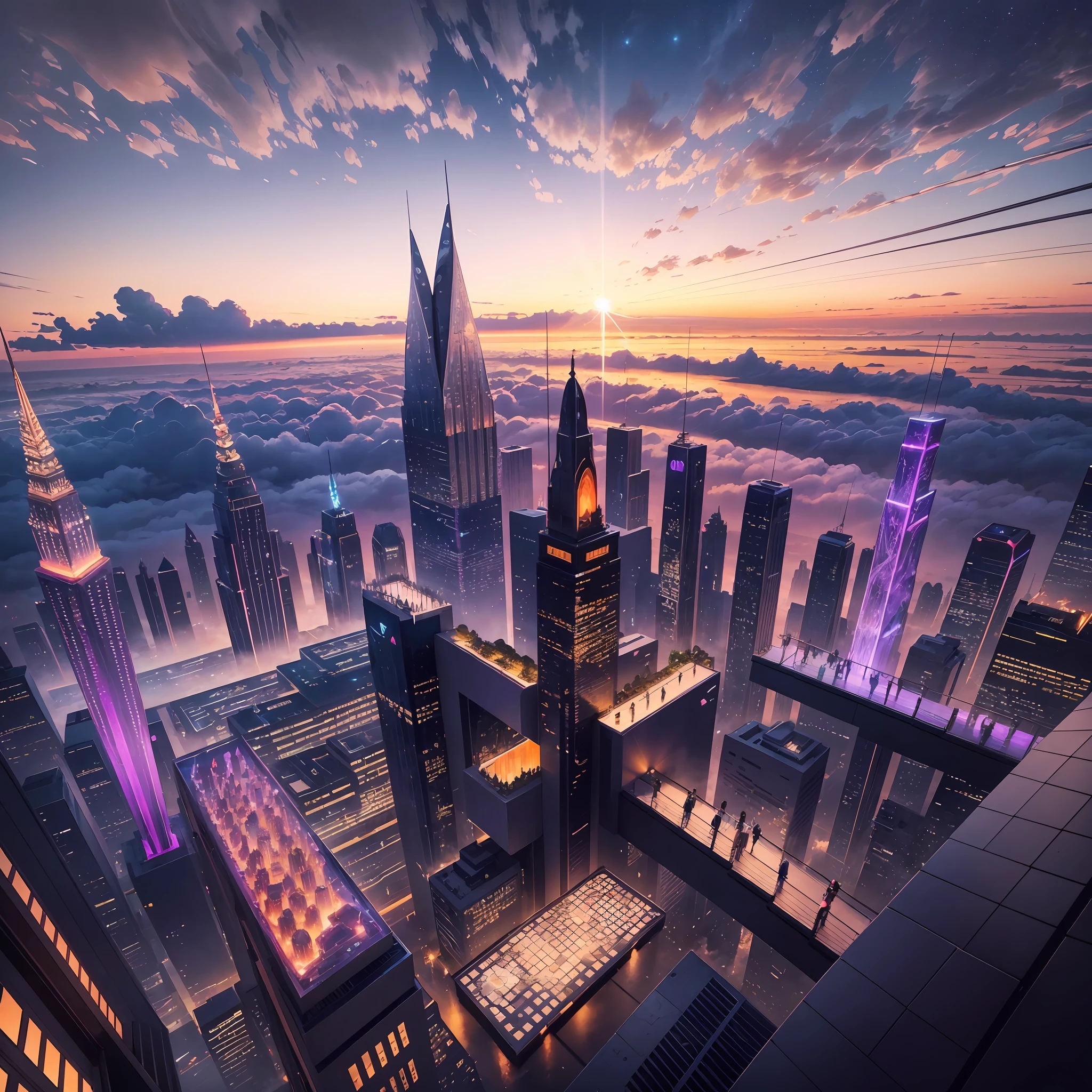 Stunning floating celestial city, a masterpiece suspended among the clouds. Majestic buildings emerge from the white clouds like iridescent towers, their elegant silhouettes reflecting the golden light of the setting sun. An intricate network of suspended walkways and suspension bridges connects the buildings, creating an enchanting web of paths in the sky.
The futuristic skyscrapers rise like modern sculptures, with gleaming glass facades and bold structures, allowing for stunning panoramic views of the floating city. Hanging gardens and vibrant terraces adorn the buildings, bringing nature to this heavenly metropolis.
Below, a sea of clouds stretches as far as the eye can see, like a soft cotton quilt. The clouds move slowly, bringing a sense of serenity and calm to this magical place.
On the horizon, the sun is setting, dyeing the sky with fiery shades of orange, pink and purple. The rays of light extend through the clouds, illuminating the buildings and creating a spectacle of colors in the sky. The stars begin to appear, dotting the firmament like shining diamonds.
In this heavenly city, imagination merges with reality, and dreams come to life. It is a dazzling sight that inspires hearts and invites dreamers to reach new horizons. A masterpiece of heaven, where the impossible becomes possible and beauty transcends the boundaries of the imagination. --auto --s2