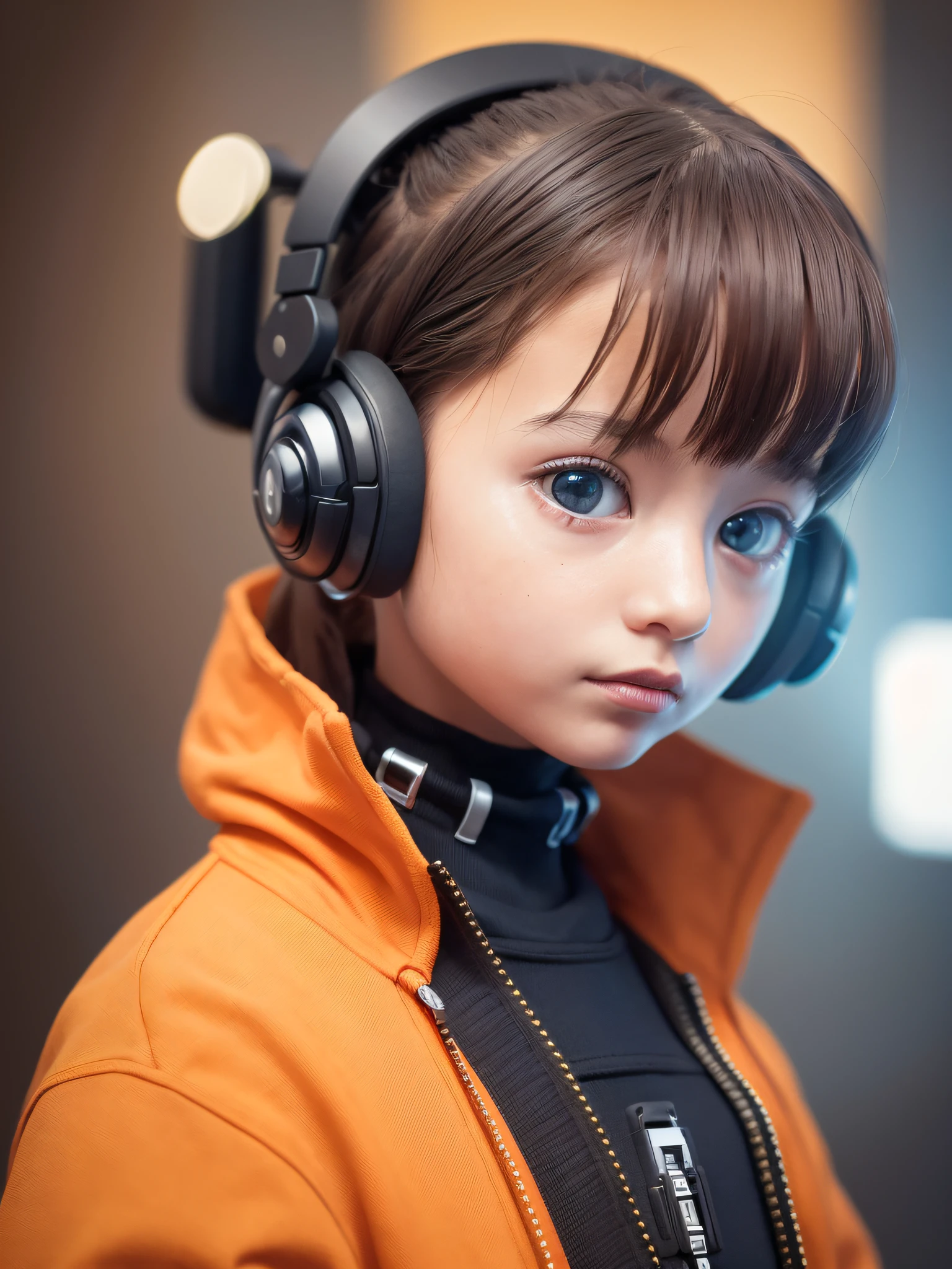 Extraordinary portrait of microscopic unknown little small adorable cyberpunk alien species over orange tech style of high tech fashion professional photography, 8k, adorable --auto --s2