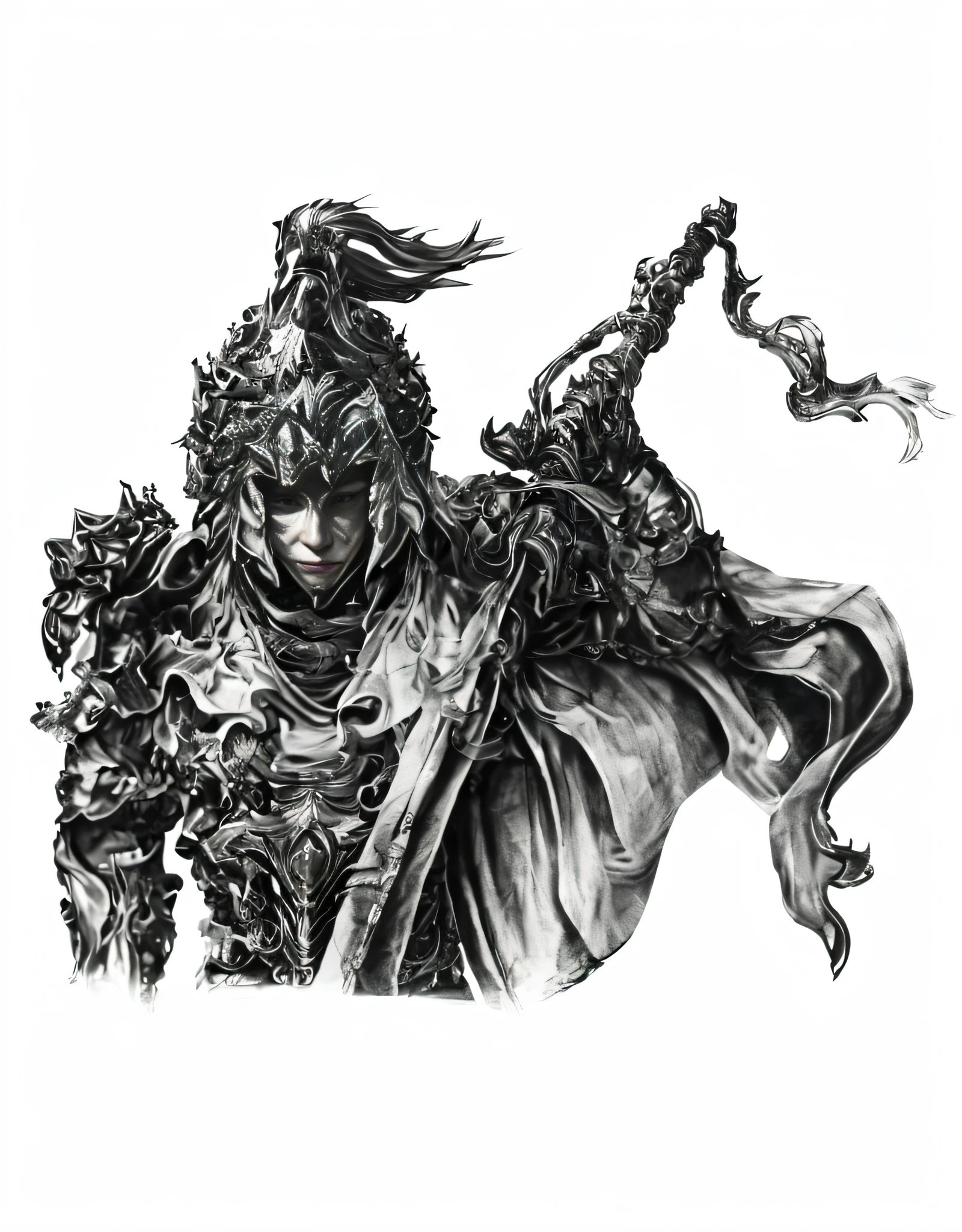 A drawing of a man with a sword and a crown, Yoshitaka Amano character design, highly detailed official art, bastien Yoshitaka Amano, Boris Valejo. Octopath Traveler, yoshitaka amano style, render octano yoshitaka amano, photorealistic yoshitaka amano, hirohiko araki art, set face and hands.