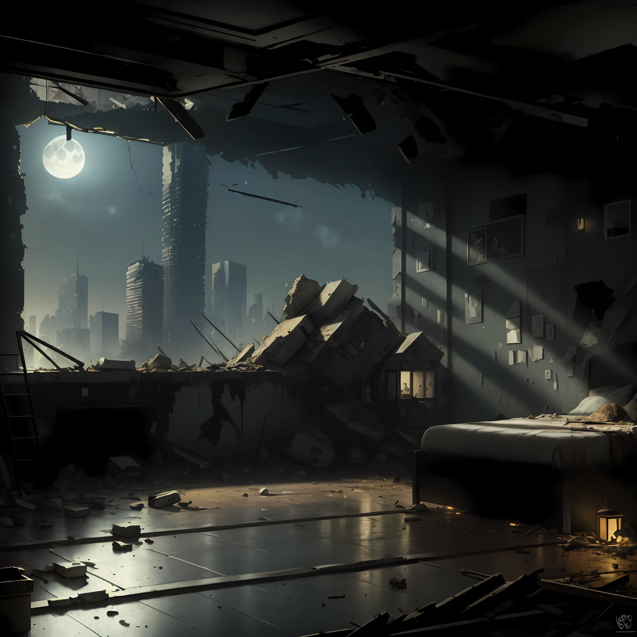 semi-realistic, masterpiece, highres, highly detailed, Post-apoc, postapoc-scenery, ruined_cityscape, cityscape, indoors, night_sky, night, moon, light, indoors, ((bedroom, rubble, dark, no_humans))