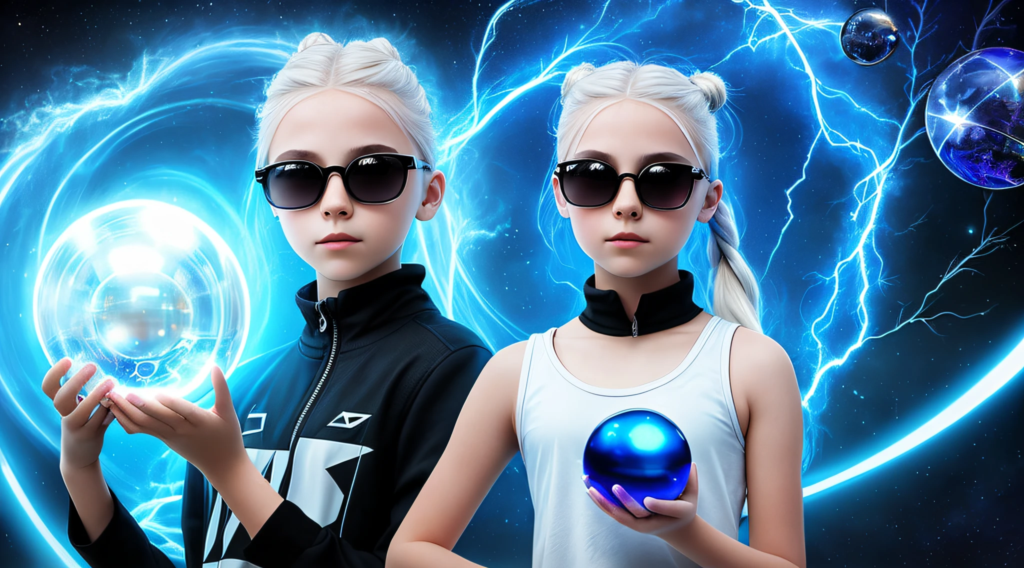 14 YEAR OLD CHILD GIRL WITH SUNGLASSES, WITH PLATINUM HAIR WITH LONG BUN, holding a blue ball in her hands with smoke enveloped by lightning and a dark transparent blue, (Blackholeengine:1), super realistic coming out of it,.crystal ball, holding a crystal ball.