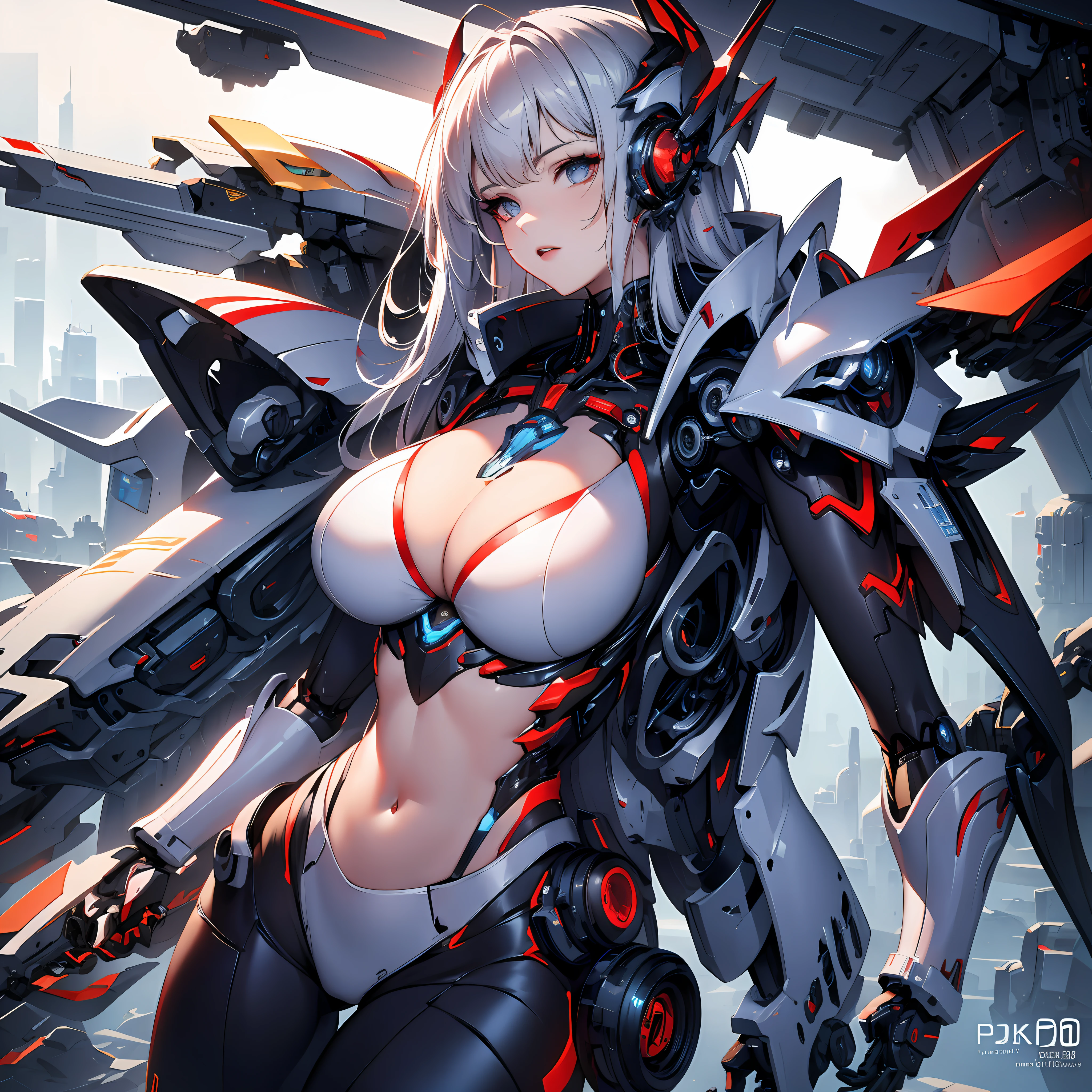 Highest quality, outstanding detail, super high resolution, (fidelity: 1.4), best illustration, favor details, close-up, a mecha girl with a delicate and beautiful face, ((red and white semi-mechanical body: 1.8)), (big breast: 1.2), sexy, belly button, cleavage, riding on a motorcycle, cyberpunk, futuristic, mechanical aesthetics, complex machinery, background is a high-tech lighting scene of the futuristic city, virtual engine 5, perfect detail rendering, octane rendering, ultra HD