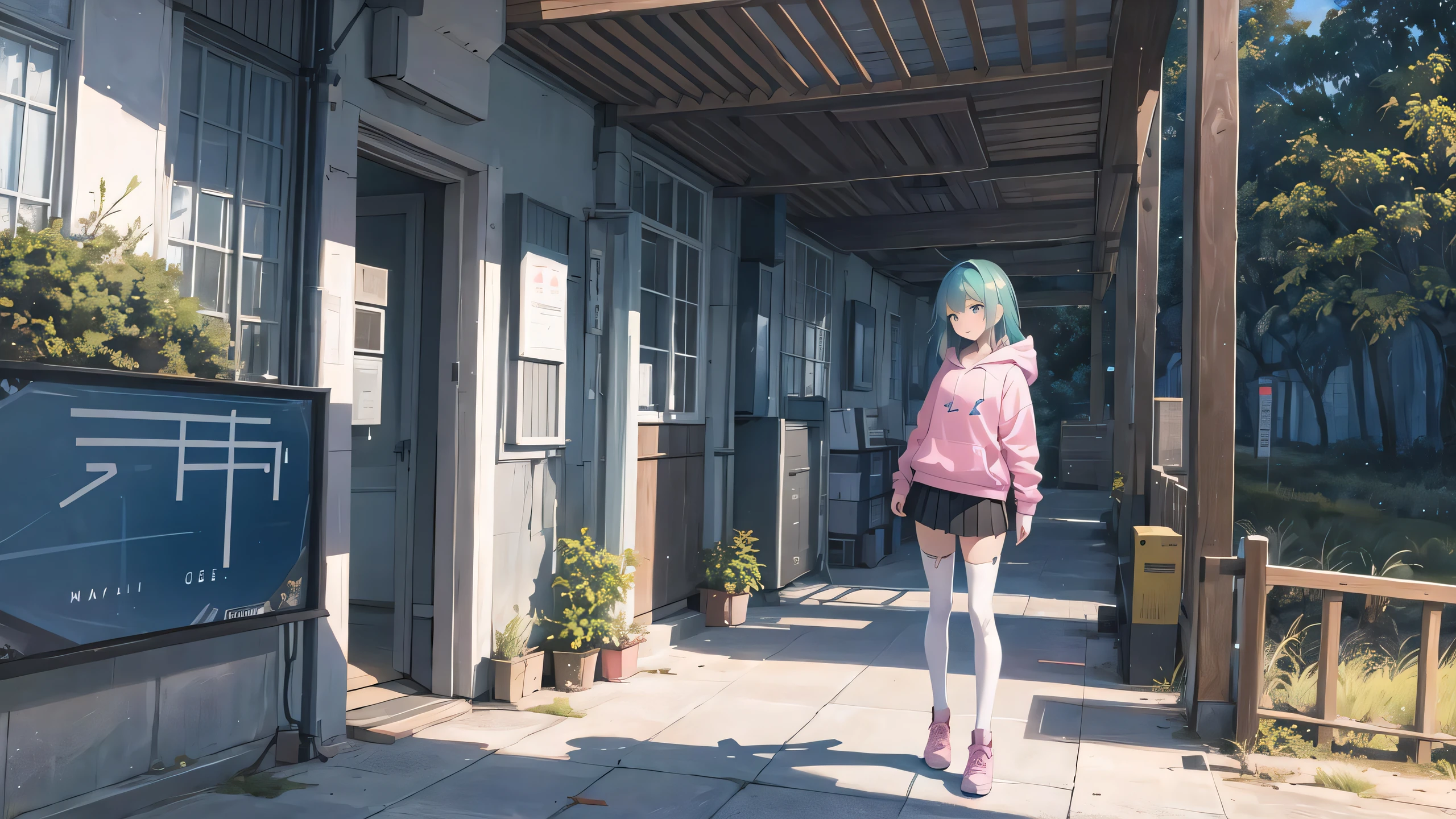 ((masterpiece,best quality))1girl, (photorealistic:1.4), ultra details, solo, green hair, long hair, blue eyes, shiny skin, white thigh highs, shiny skin, game cg, full body, hoodie, ((pink clothes)), hoodie with a skirt, white inside, black skirt, science fiction background, (outdoors:1.5), spacecraft in the background, midnight, night, commander, walking, standing, window, window shows universe, starry sky on windows, stars, future, (Hall-effect thruster:1.2), star \(sky\), close to viewer