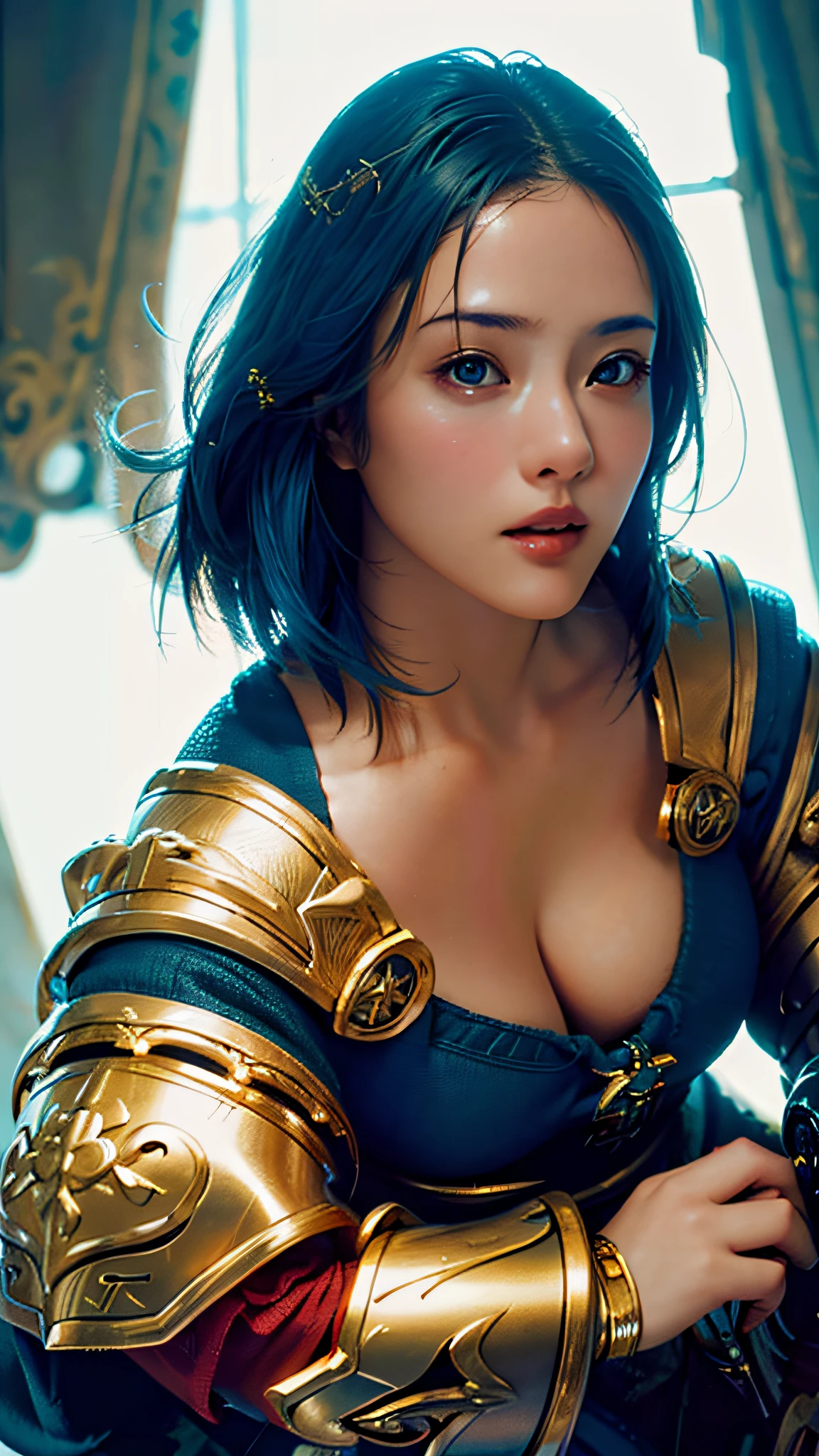 Official Art, Unity 8k wallpaper, Ultra detail, Masterpiece, Best quality, One woman,Beautiful jewels all over the body, (Very detailed),(RAW photo, highest quality),(Realistic, Photorealistic:1.3),High definition, ultra-detailed complex 3D rendering of face, (Big breasts: 8.8), (Highly detailed skin: 1.2), (Exposure: 1.1), Beautiful Caucasian woman with big ass full soft breasts and white skin, dynamic angle, mystical expression, fire glow effect, fantasy background, rim lighting, side light, cinematic light, ultra high definition, 8k uhd, film grain,best shadow, delicate, raw, light particles, detailed skin texture, detailed gem armor texture, detailed face, intricate detail, ultra detailed, bright, strong, gold armor, cleavage, holding glowing weapons, holding shields, ((blue hair)), shining black eyes, long red cloak, fantasy, (realistic),
