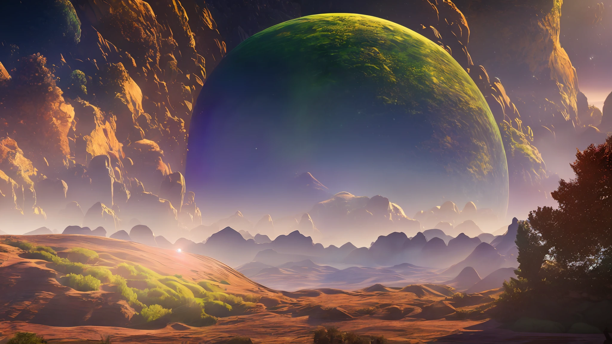 a photorealistic landscape of a multiverse, with a surreal color scheme and dramatic lighting, featuring maximum texture and volumetric lighting, using the Unreal Engine and HDR, --auto --s2